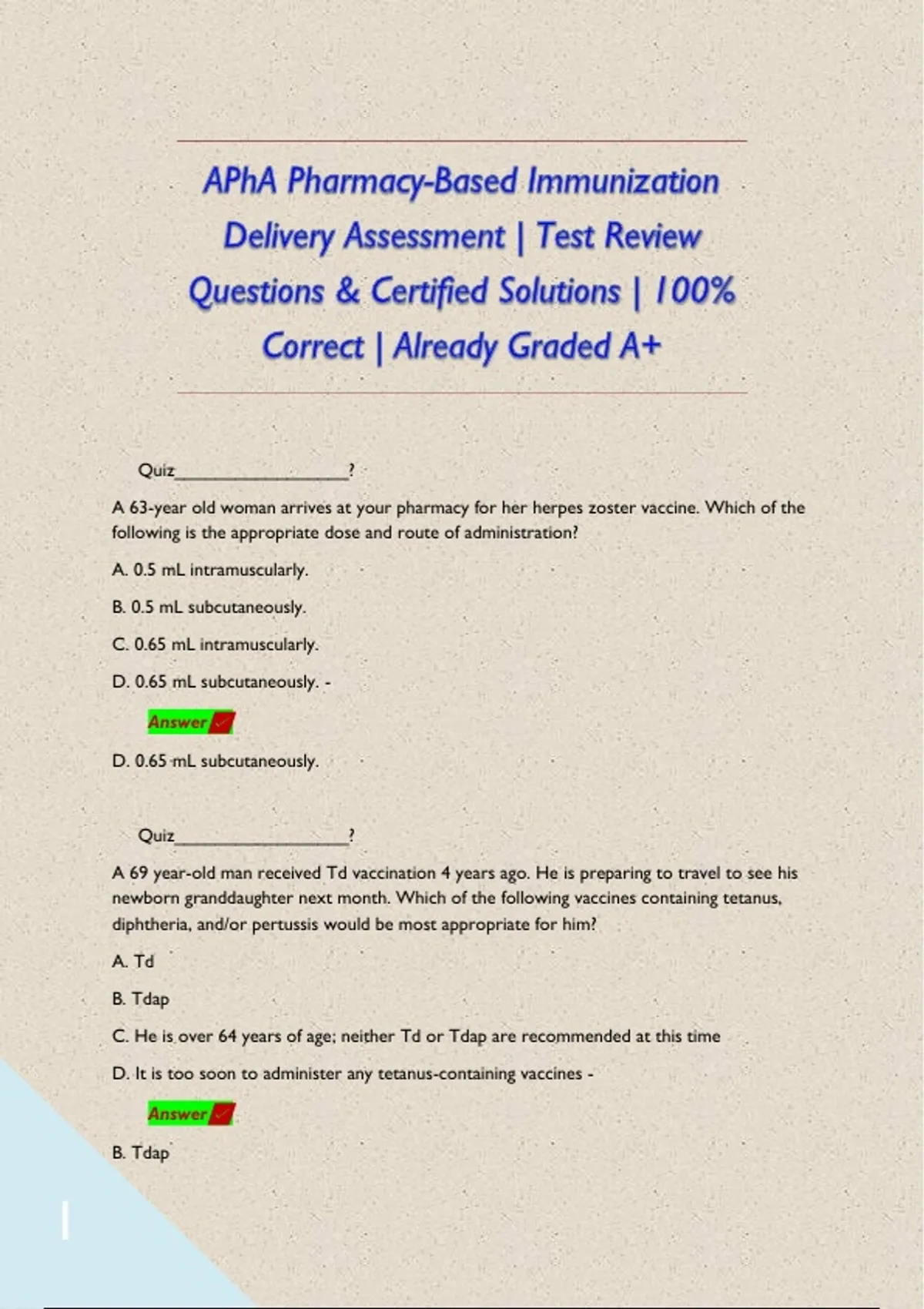 APhA Pharmacy-Based Immunization Delivery Assessment | Test Review ...
