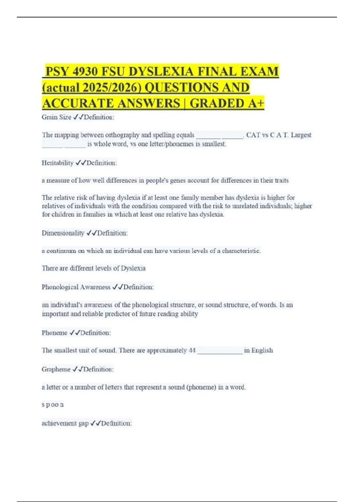 PSY 4930 FSU DYSLEXIA FINAL EXAM (actual 2025/2026) QUESTIONS AND ...
