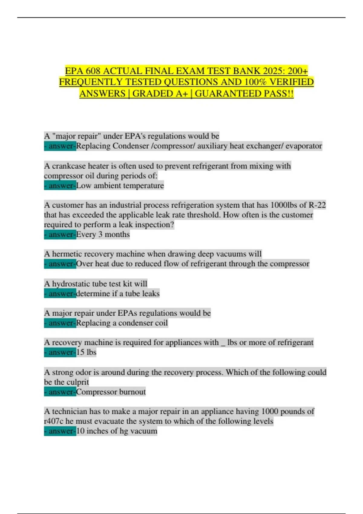 EPA 608 ACTUAL FINAL EXAM 2025: 300+ Frequently Tested Questions ...