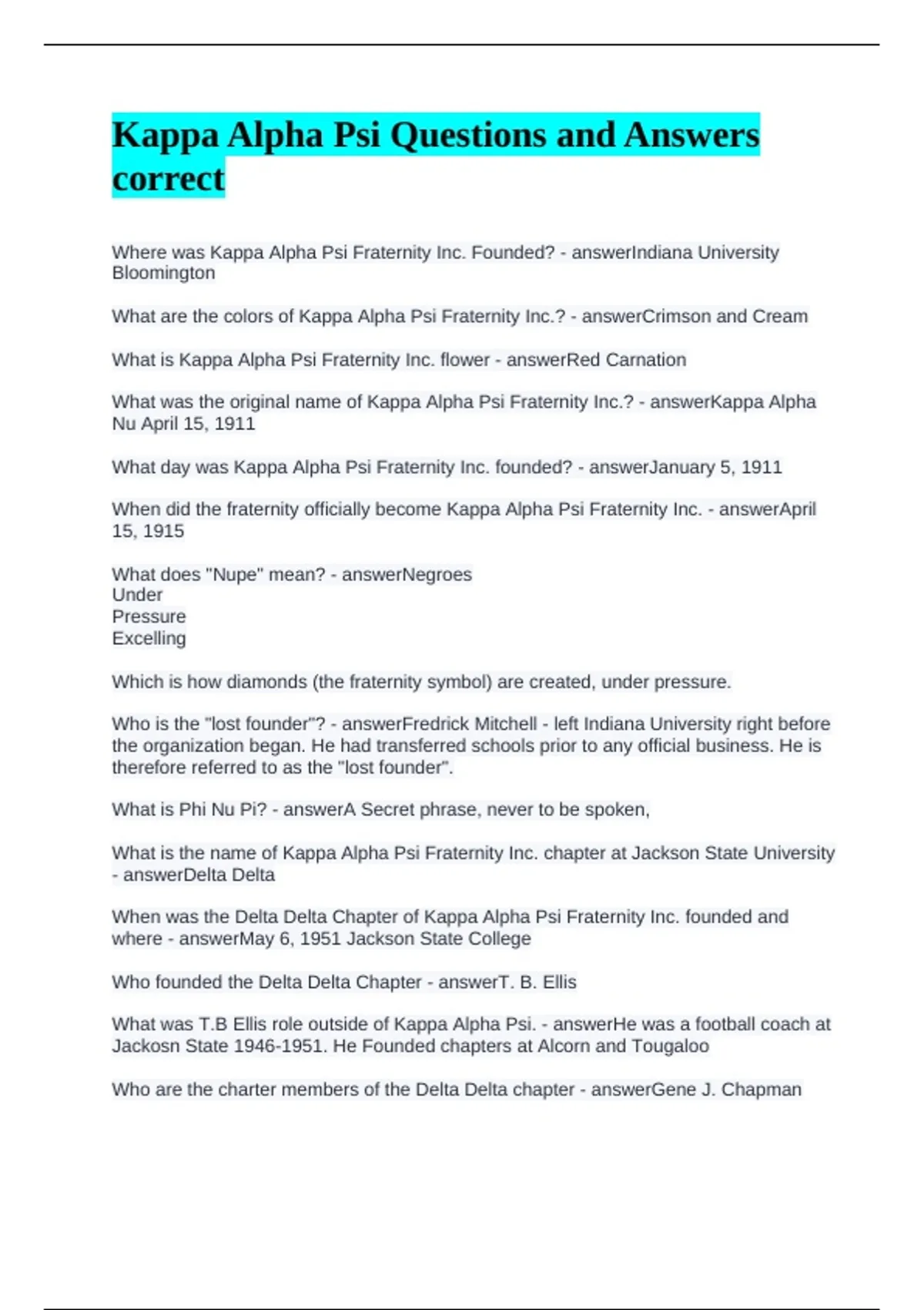 Kappa Alpha Psi Questions and Answers correct - KAPPA ALPHA PSI - Stuvia US