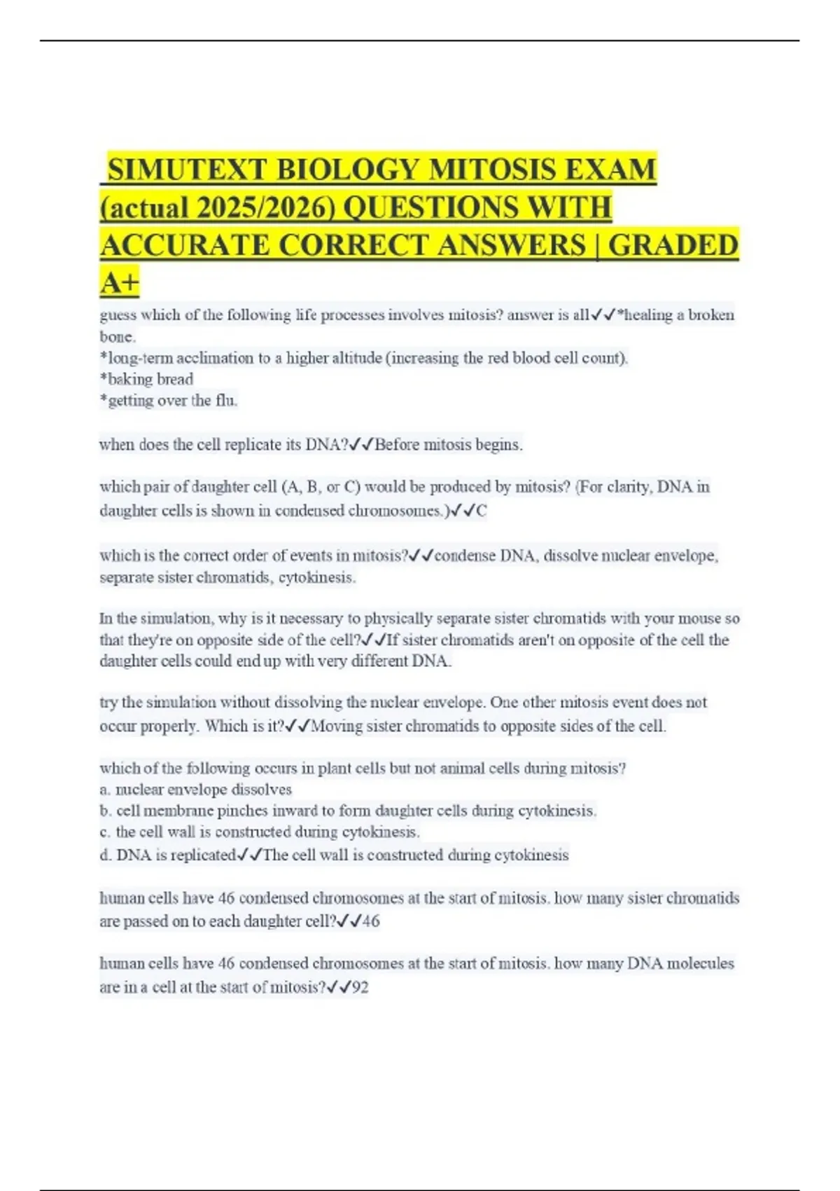 Simutext Issue SIMUTEXT BIOLOGY MITOSIS EXAM (actual 2025/2026) QUESTIONS WITH ...