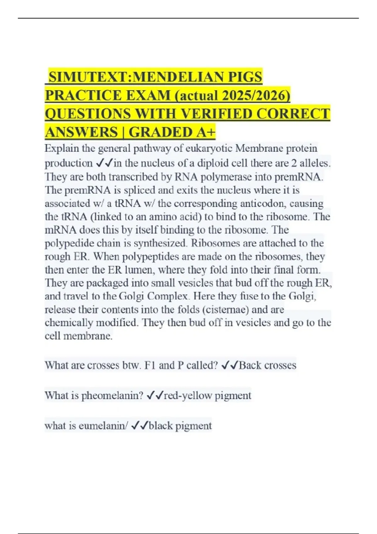 Simutext Icon SIMUTEXT:MENDELIAN PIGS PRACTICE EXAM (actual 2025/2026) QUESTIONS WITH ...