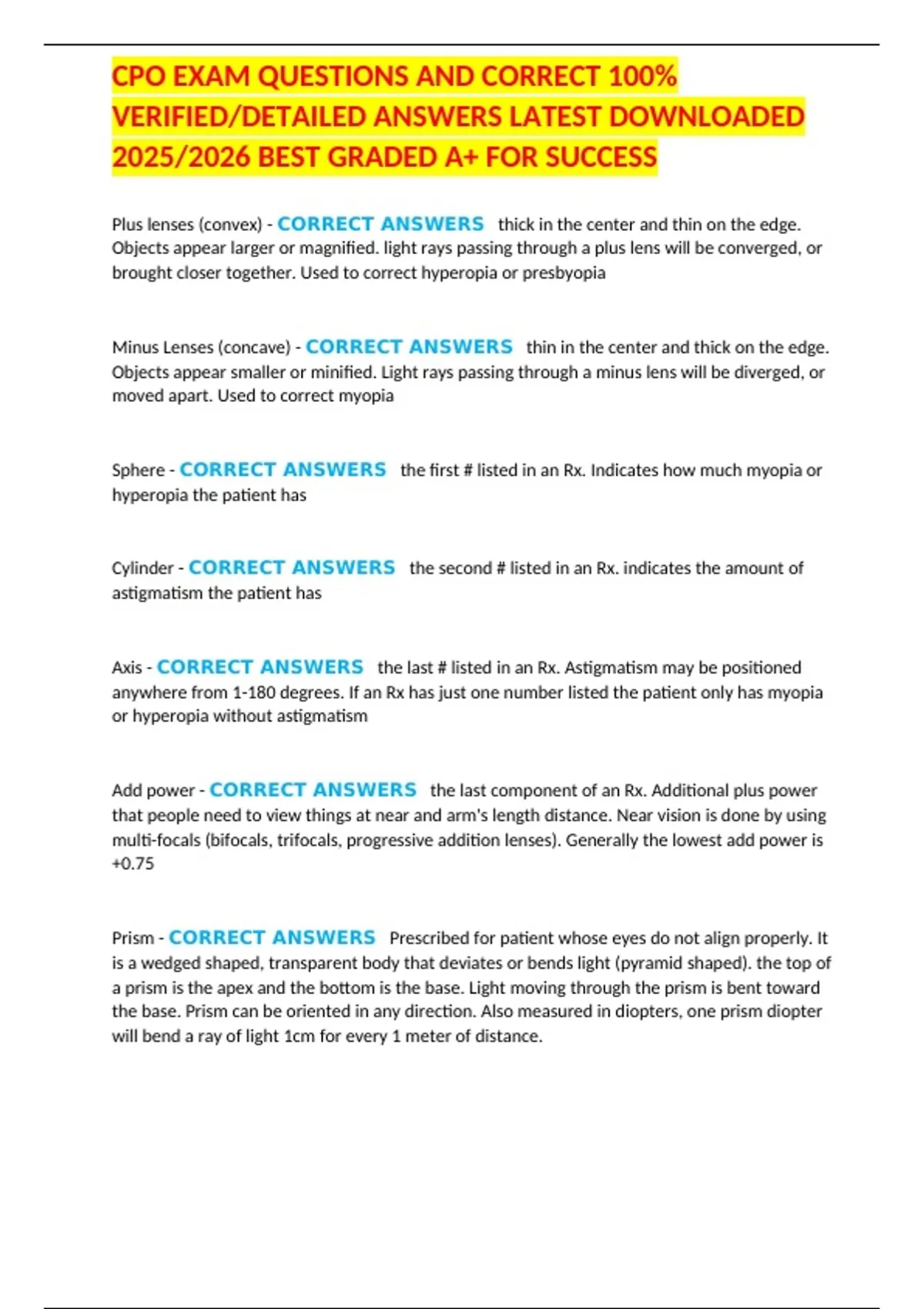 CPO EXAM QUESTIONS AND CORRECT 100% VERIFIED/DETAILED ANSWERS LATEST ...