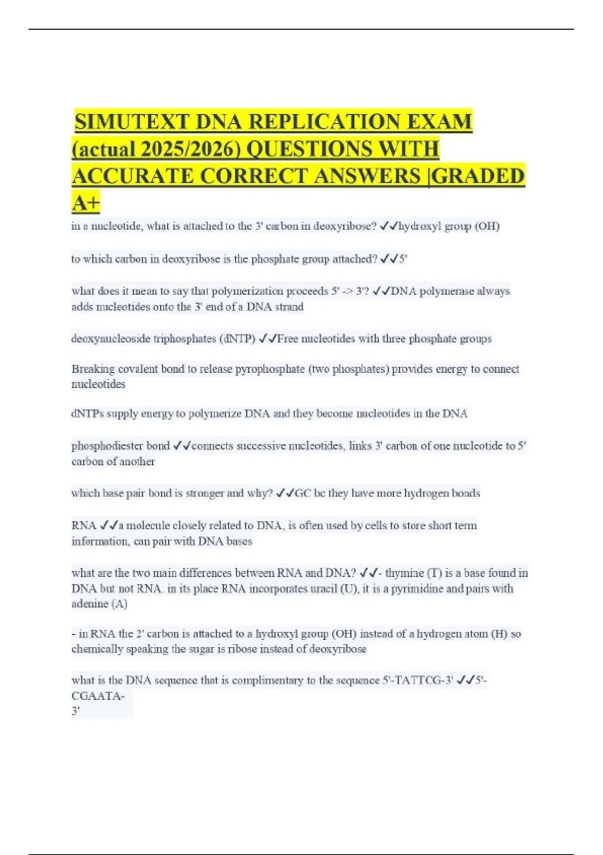 Simutext Download SIMUTEXT DNA REPLICATION EXAM (actual 2025/2026) QUESTIONS WITH ...