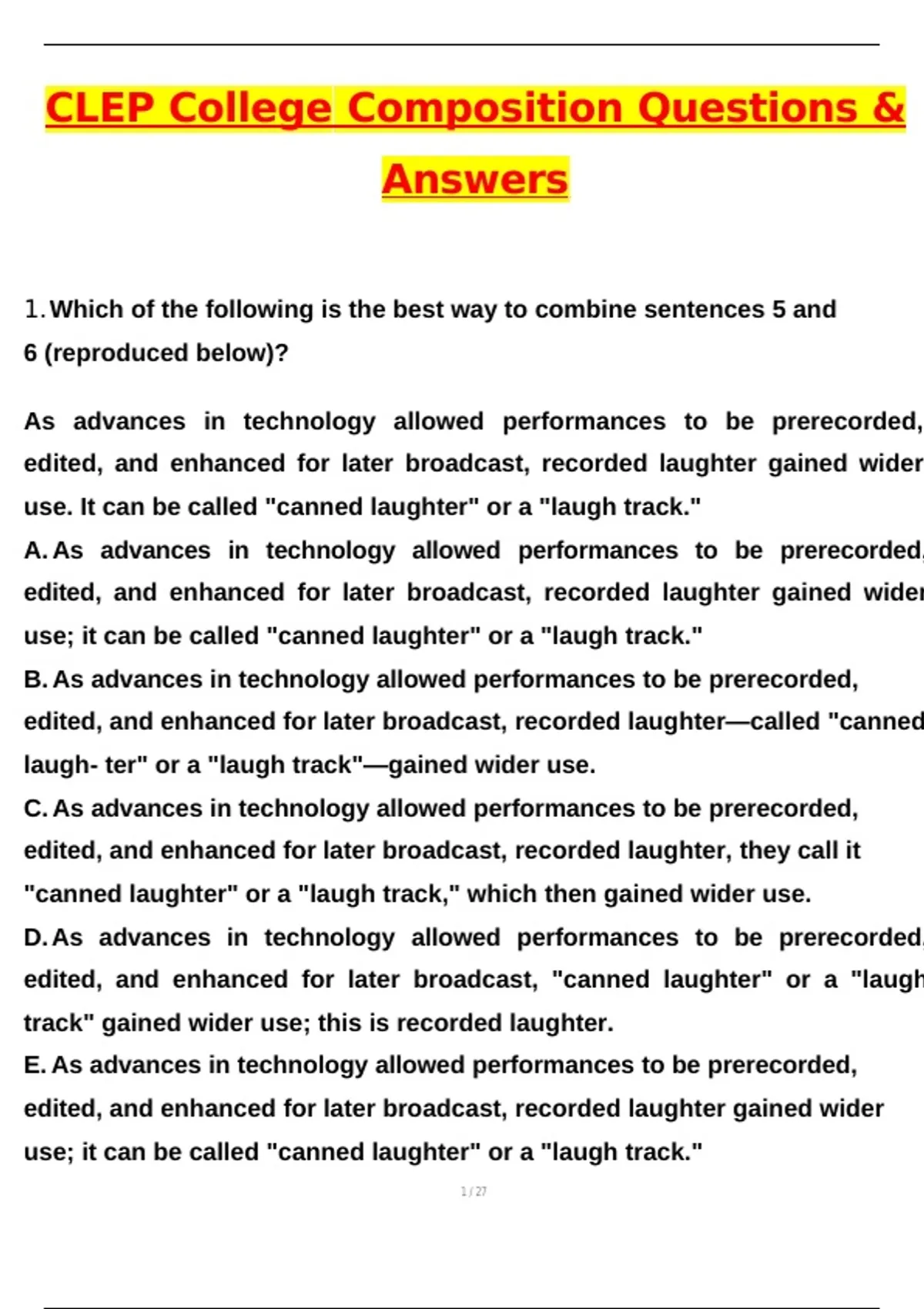 CLEP College Composition Exam (Latest 2025 / 2026 Update) Questions and ...