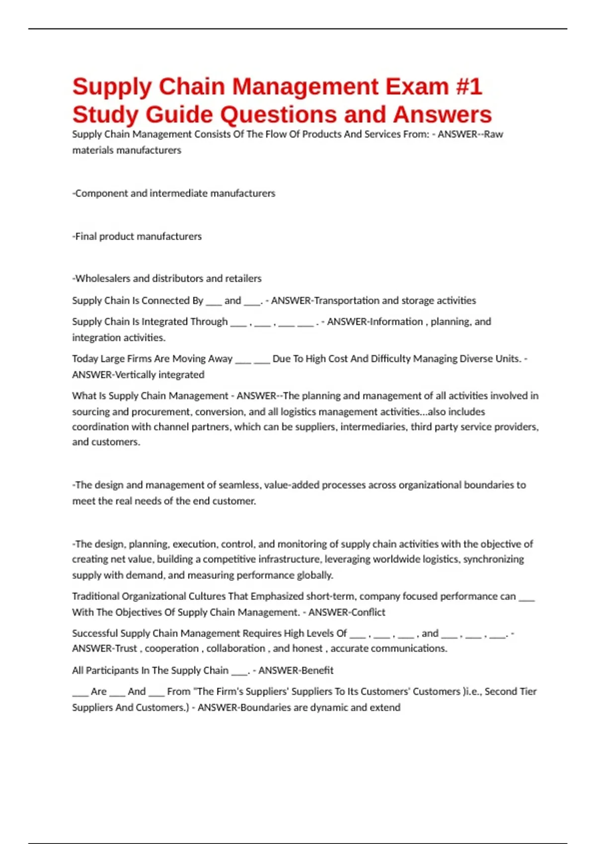Supply Chain Management Exam #1 Study Guide Questions and Answers ...