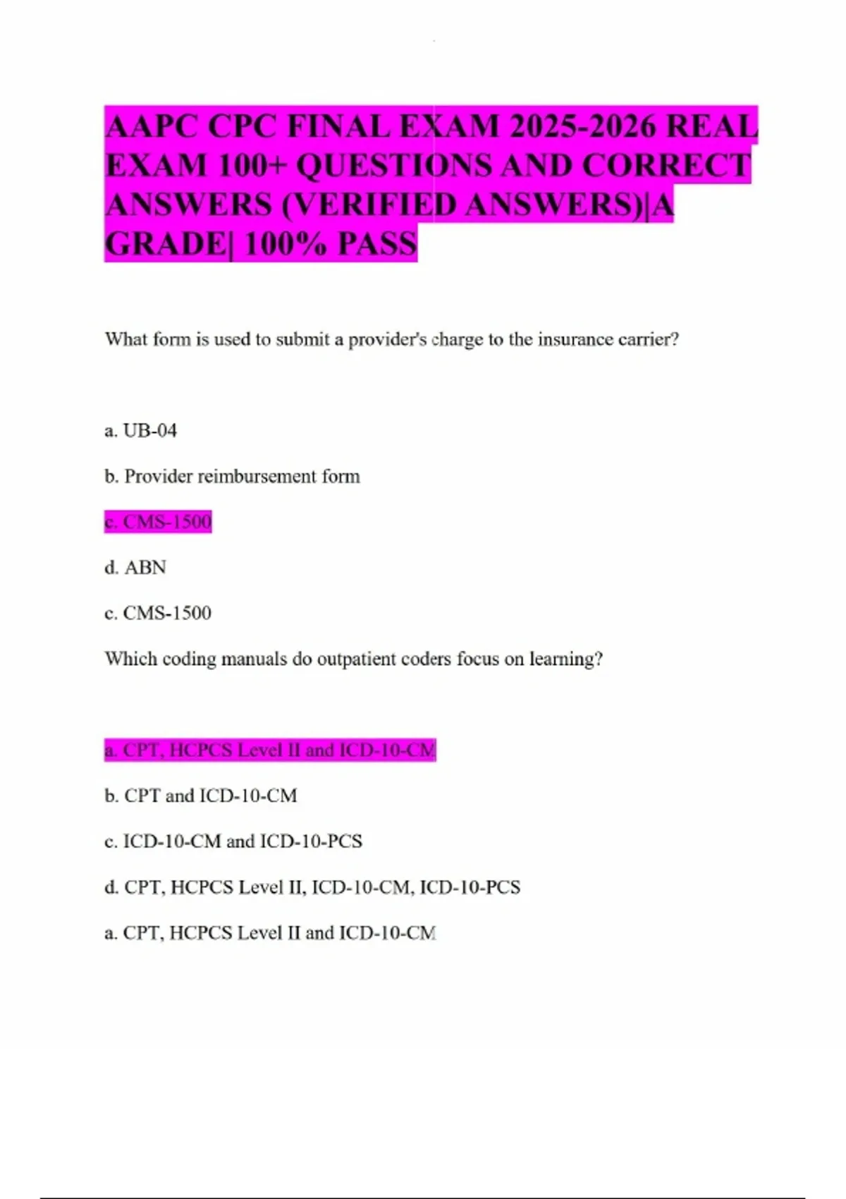 AAPC CPC FINAL EXAM REAL EXAM 100+ QUESTIONS AND CORRECT ANSWERS ...