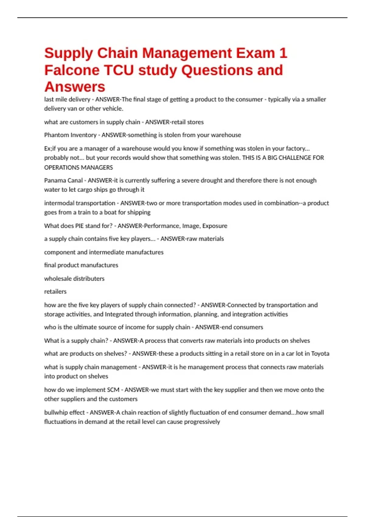 Supply Chain Management Exam 1 Falcone TCU study Questions and Answers ...