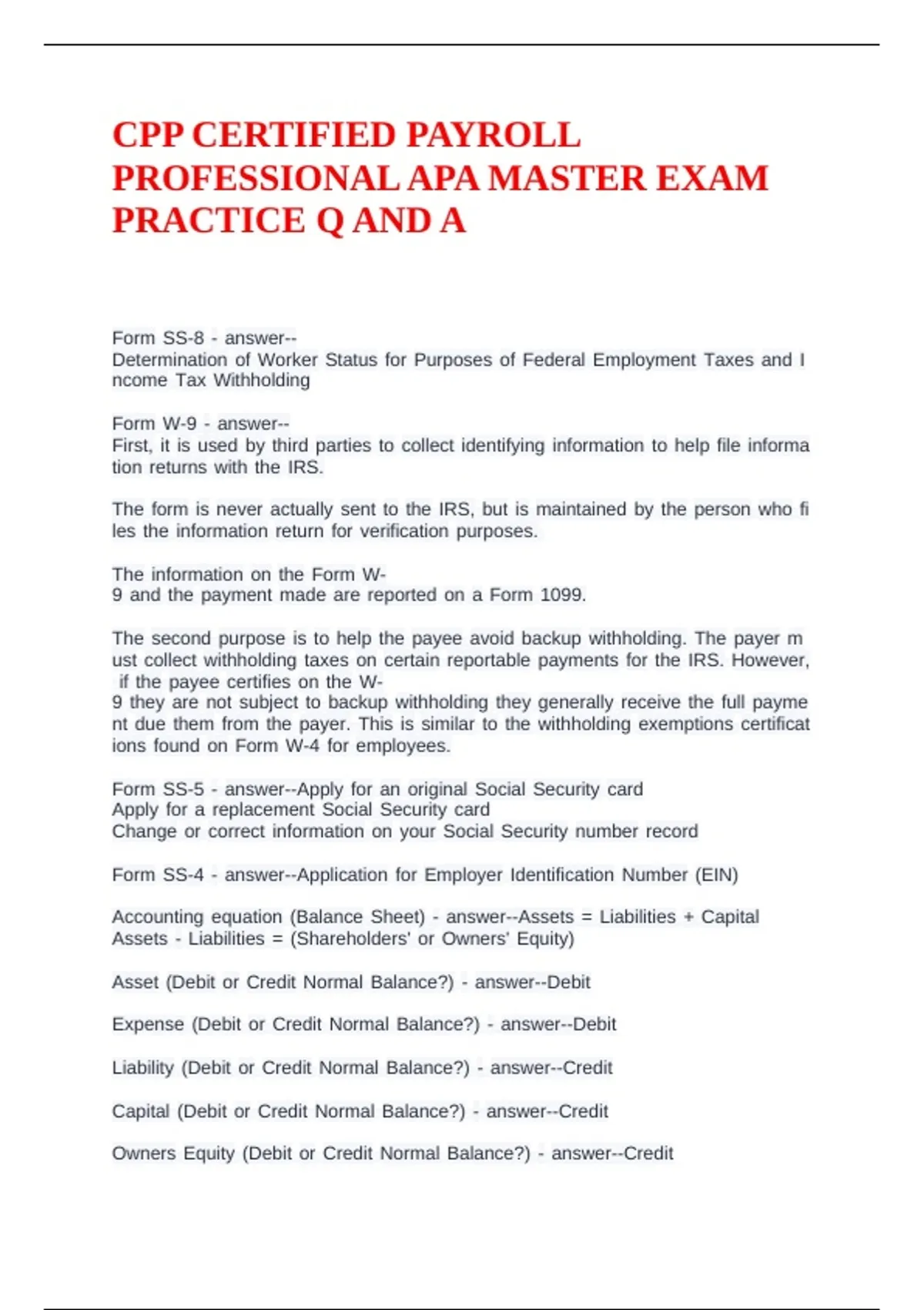 CPP CERTIFIED PAYROLL PROFESSIONAL APA MASTER EXAM PRACTICE Q AND A ...