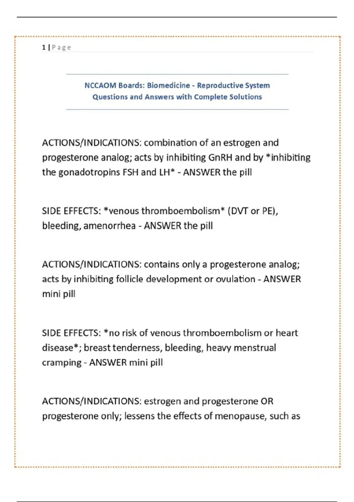 NCCAOM Boards: Biomedicine - Reproductive System Questions and Answers ...