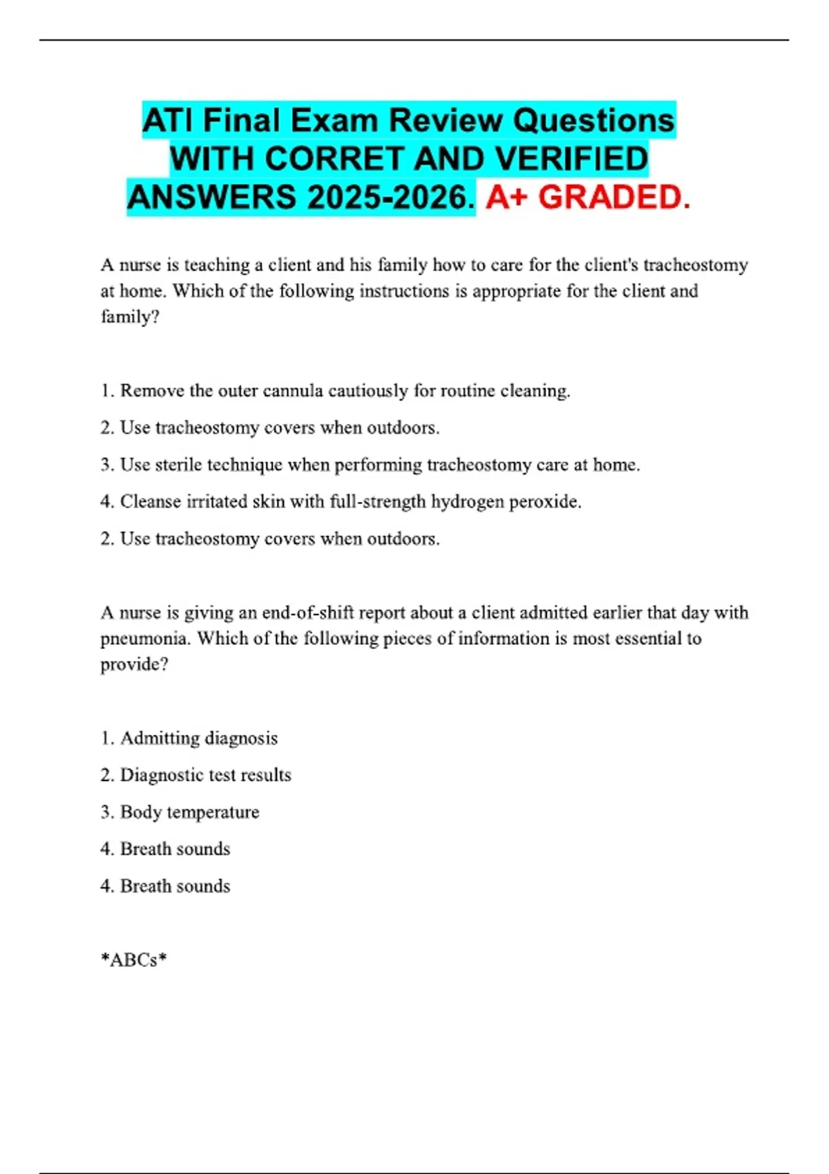 ATI Final Exam Review Questions WITH CORRET AND VERIFIED ANSWERS . A+ ...