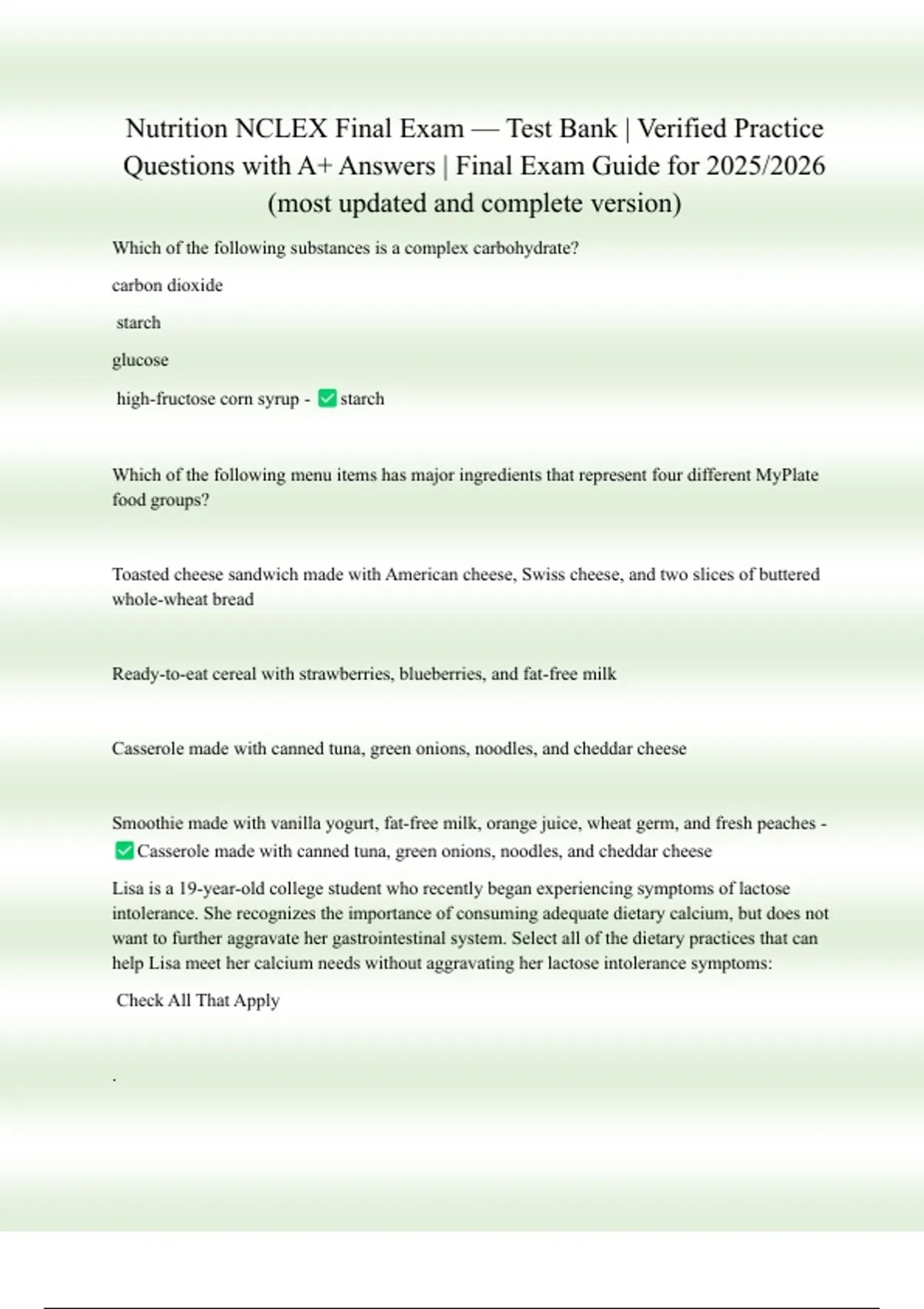 Nutrition NCLEX Final Exam — Test Bank | Verified Practice Questions ...