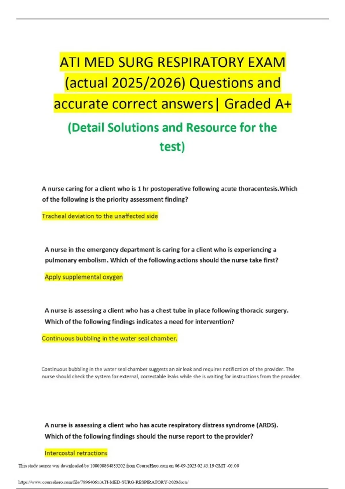 ATI MED SURG RESPIRATORY EXAM (actual 2025/2026) Questions and accurate ...