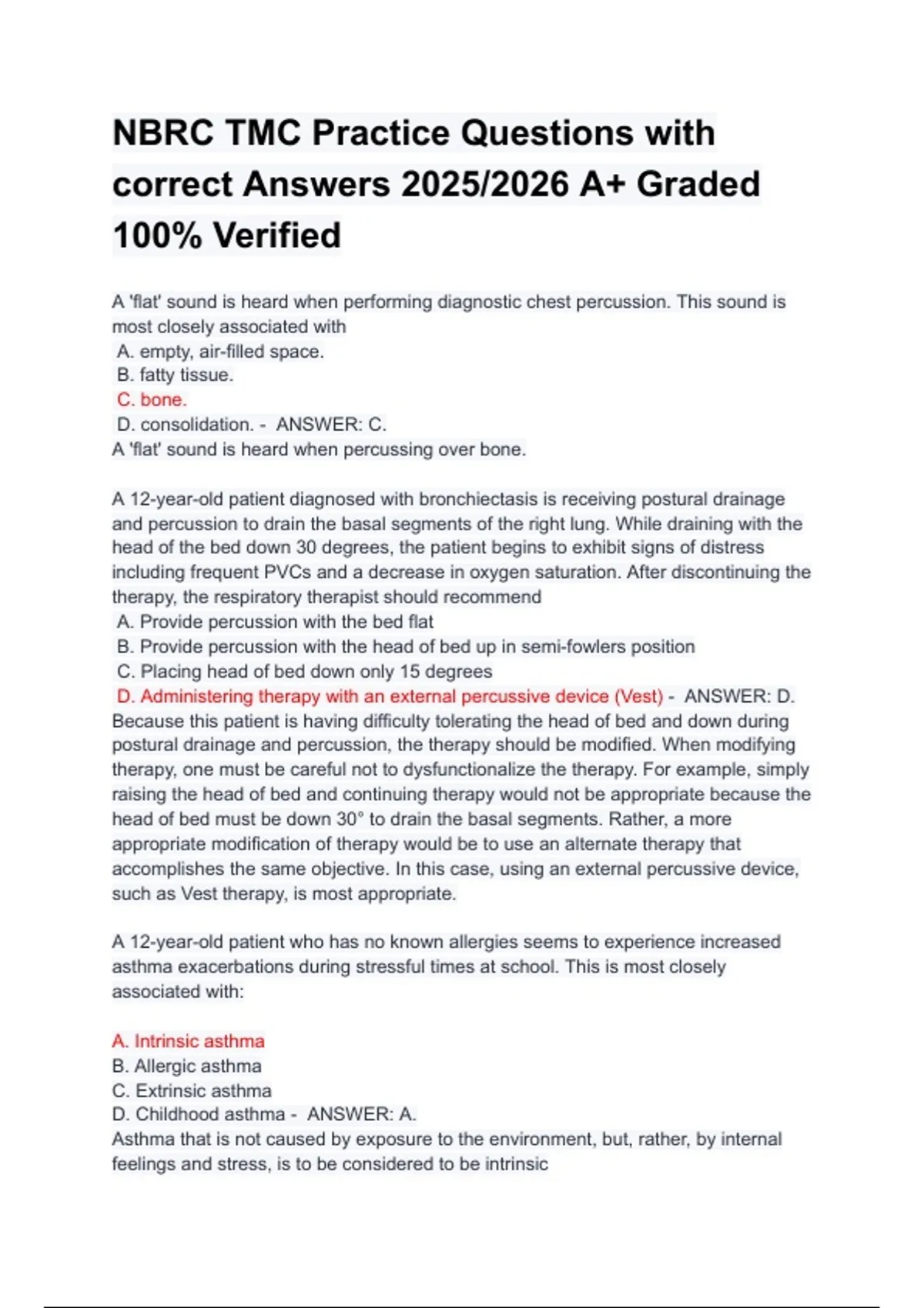 NBRC TMC Practice Questions with correct Answers 2025/2026 A+ Graded ...