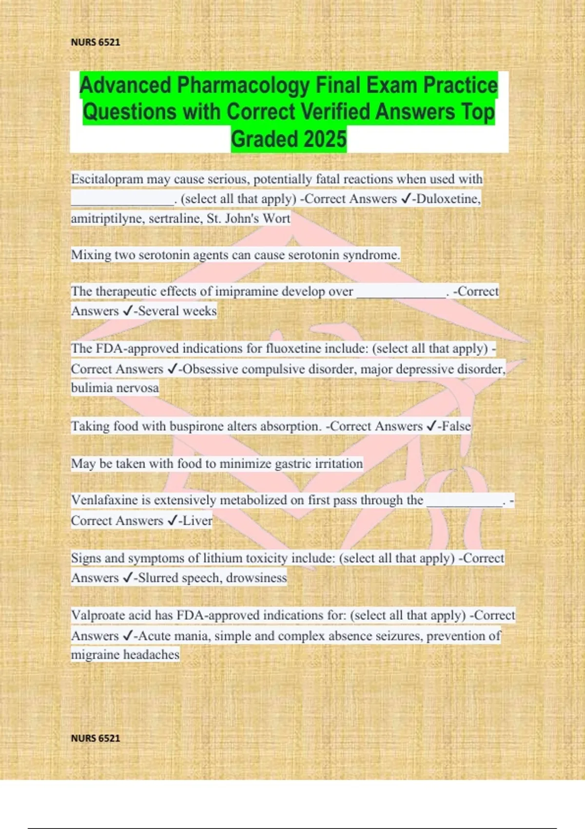 Advanced Pharmacology Final Exam Practice Questions with Correct ...