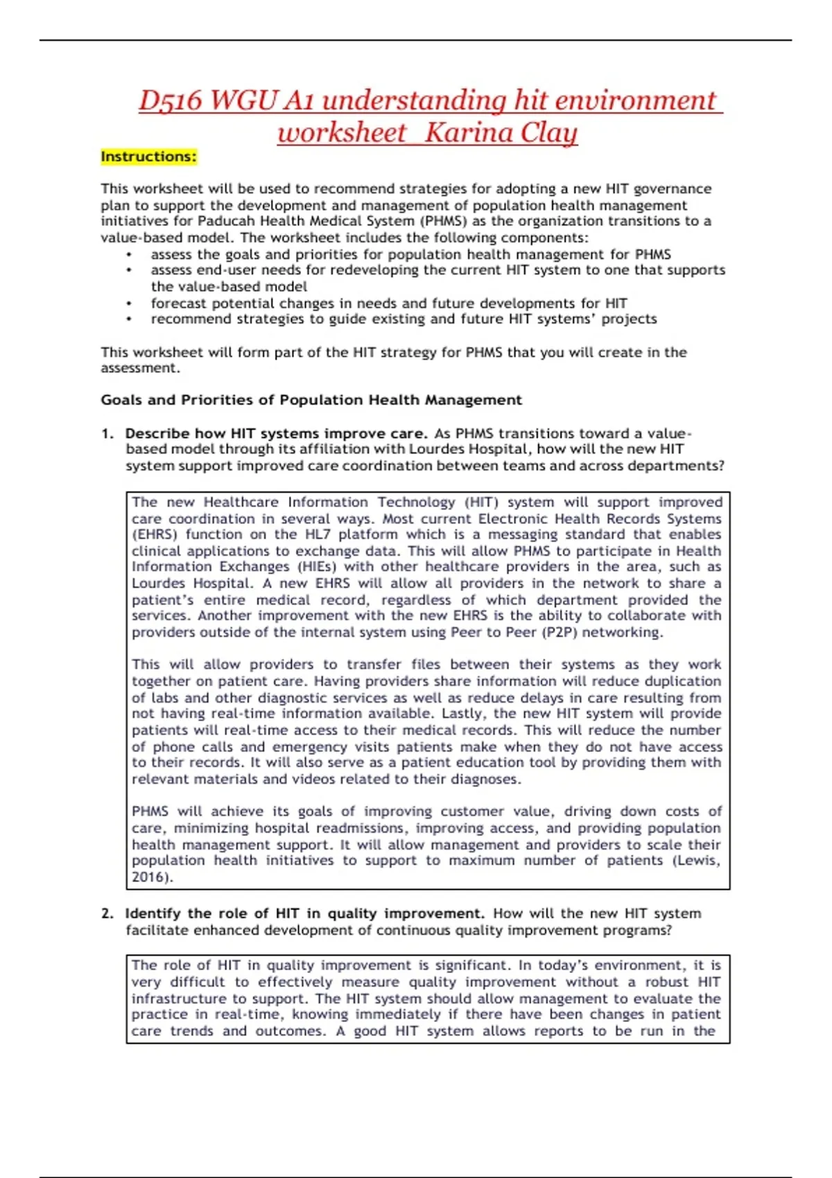 D516 WGU A1 understanding hit environment worksheet_Karina Clay - D516 ...