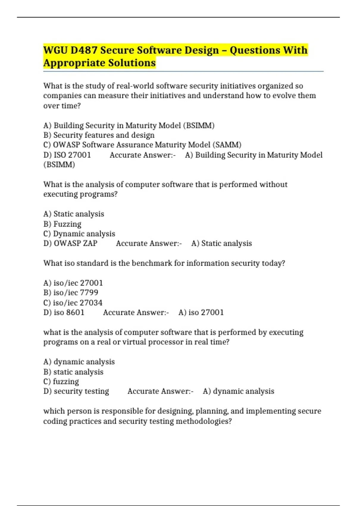 WGU D487 Secure Software Design – Questions With Appropriate Solutions ...