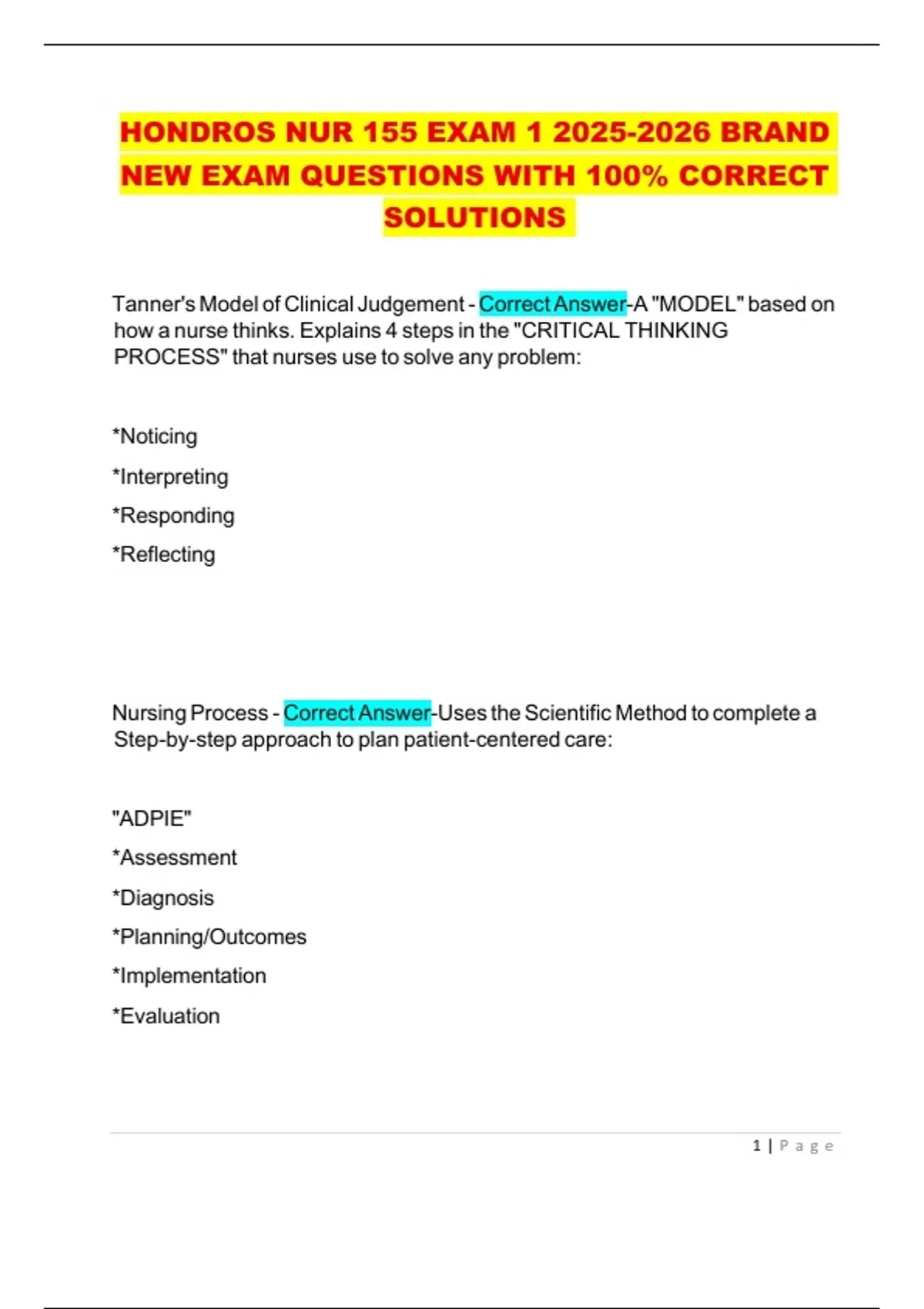HONDROS NUR 155 EXAM BRAND NEW EXAM QUESTIONS WITH 100- CORRECT ...