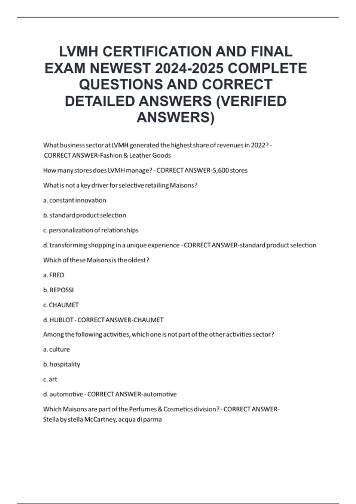 LVMH CERTIFICATION AND FINAL EXAM NEWEST COMPLETE QUESTIONS AND CORRECT ...