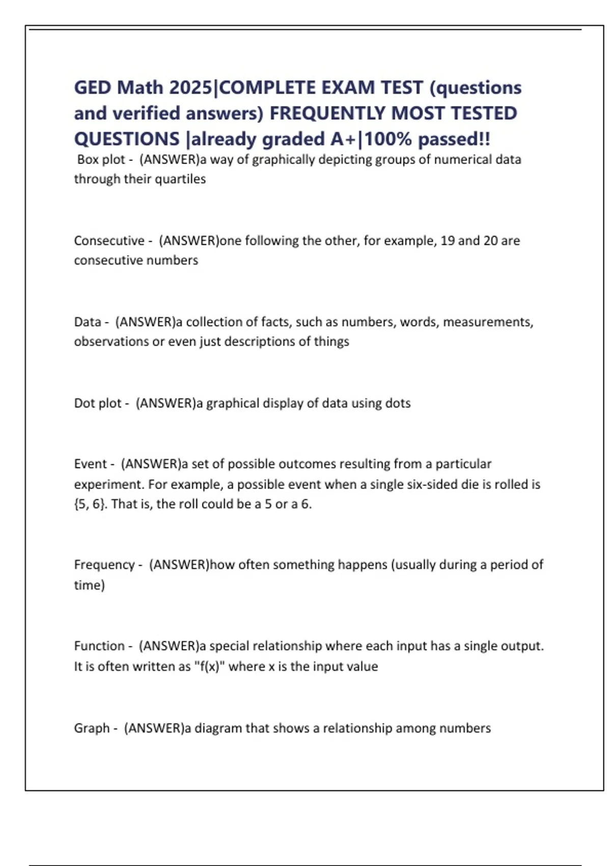 Ged Level Math Question GED Math 2025|COMPLETE EXAM TEST (questions and verified answers ...