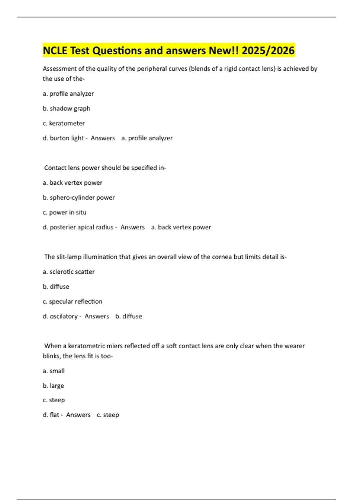 Ncle NCLE Test Questions and answers New!! 2025/2026 - NCLE - Stuvia US
