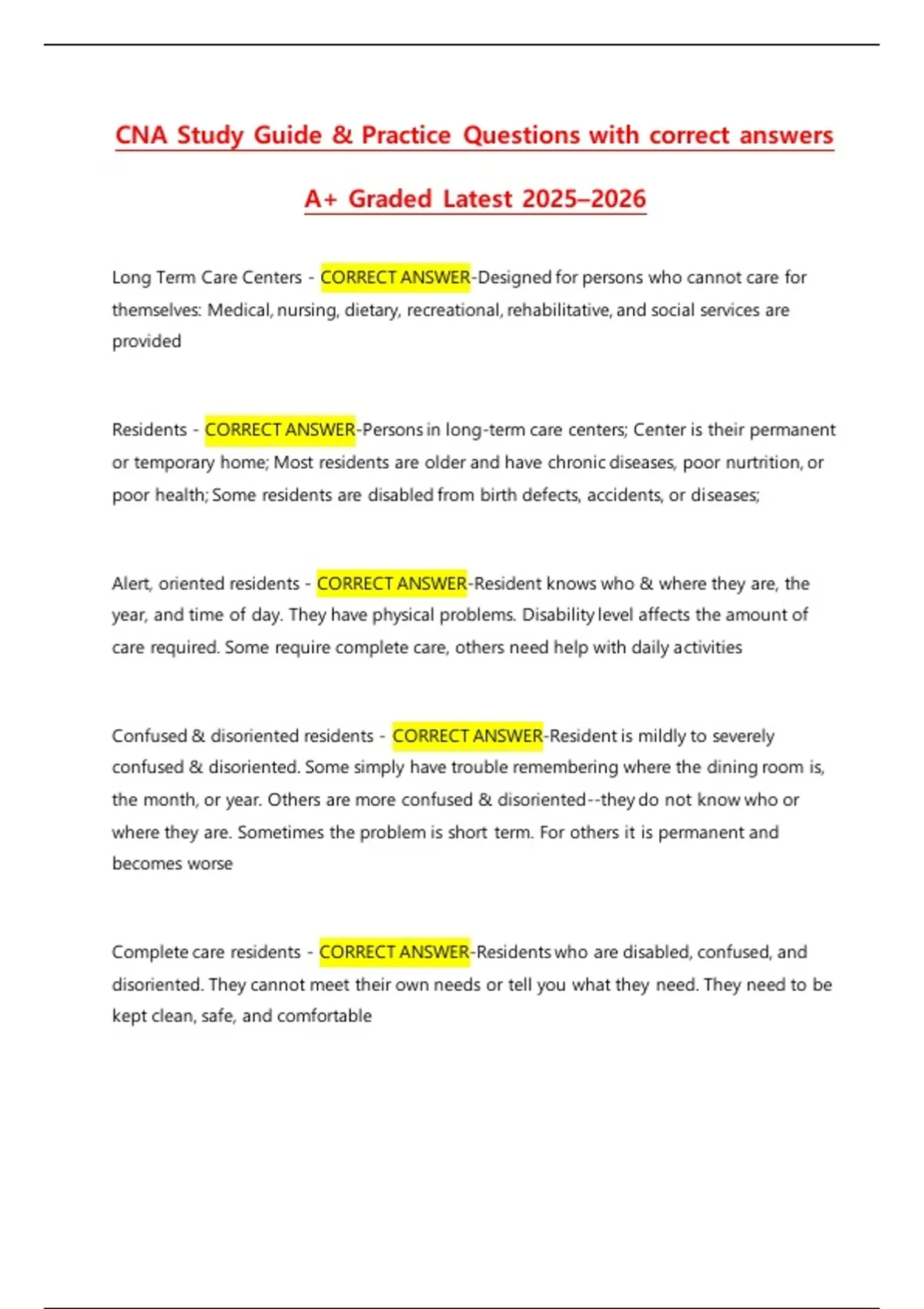 CNA Study Guide & Practice Questions with correct answers A+ Graded ...