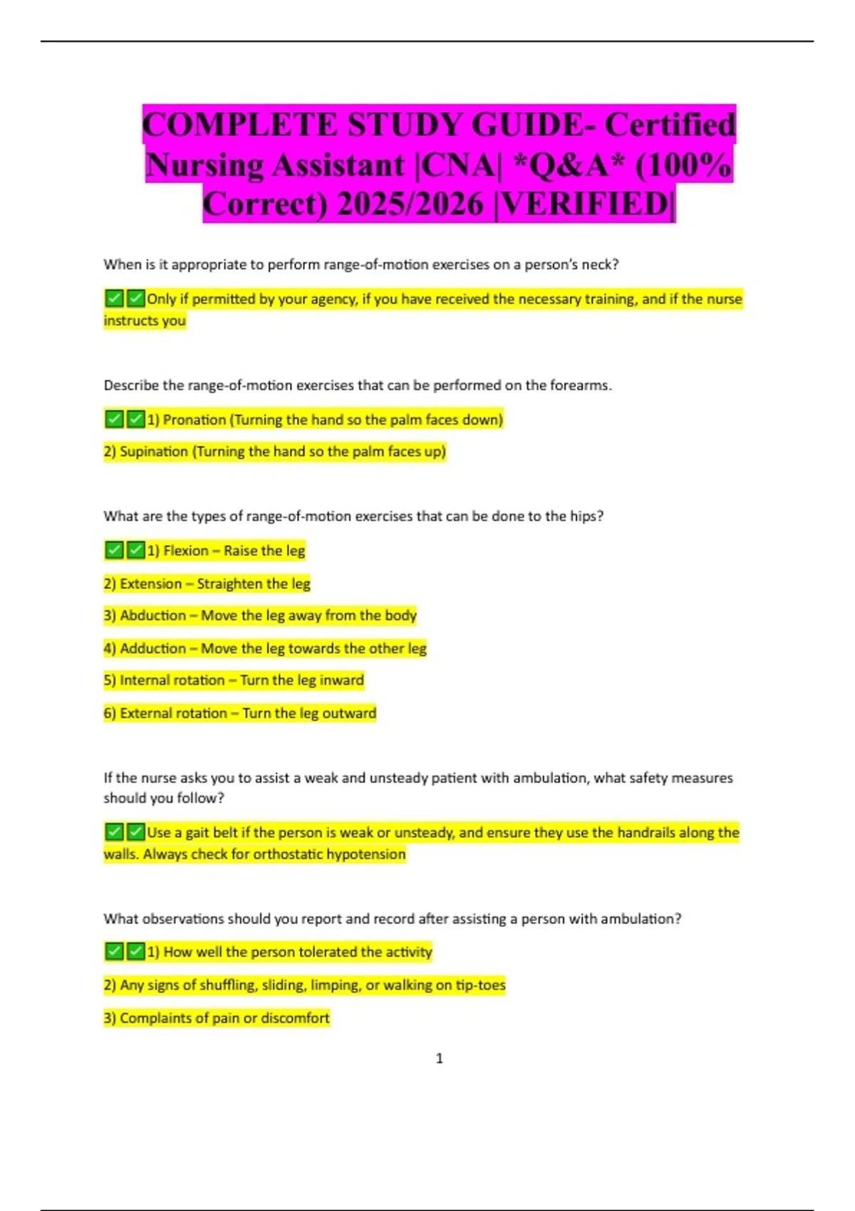 COMPLETE STUDY GUIDE- Certified Nursing Assistant |CNA| *Q&A* (100% ...