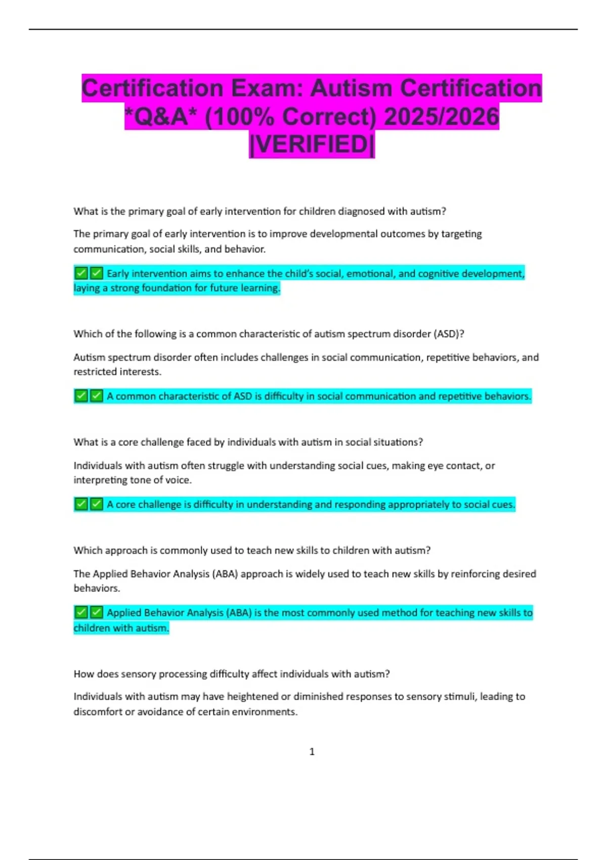 Certification Exam: Autism Certification *Q&A* (100% Correct) 2025/2026 ...