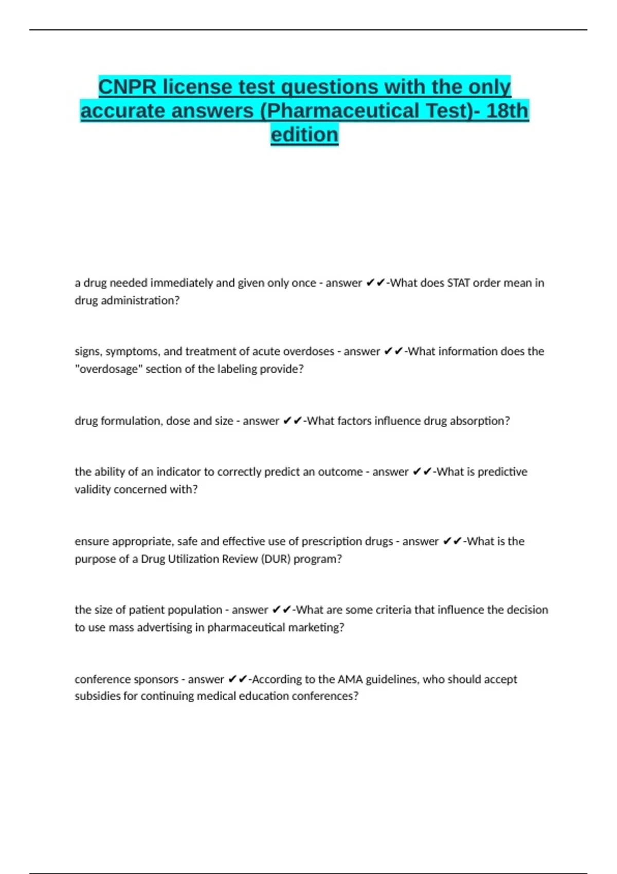 CNPR license test questions with the only accurate answers (Pharmaceutical Test)- 18th edition ...