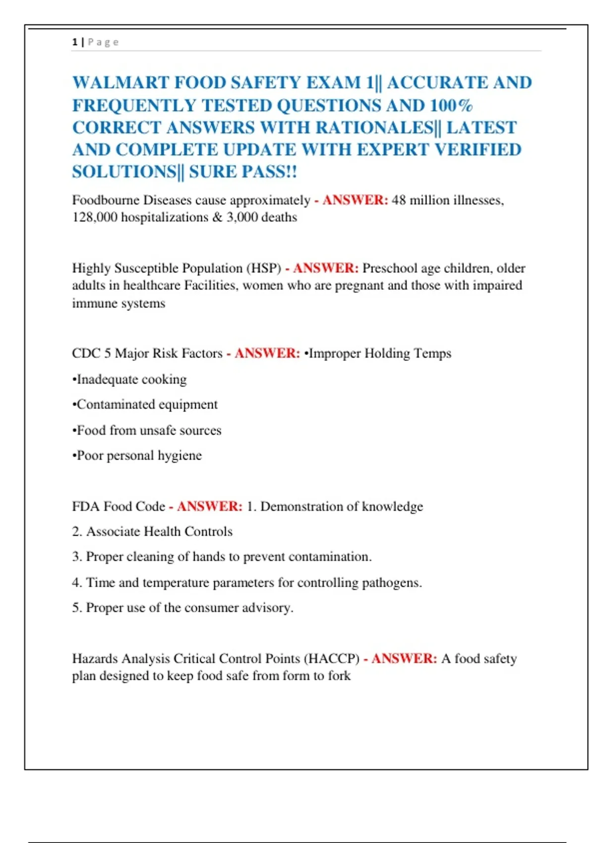 WALMART FOOD SAFETY EXAM 1|| ACCURATE AND FREQUENTLY TESTED QUESTIONS ...