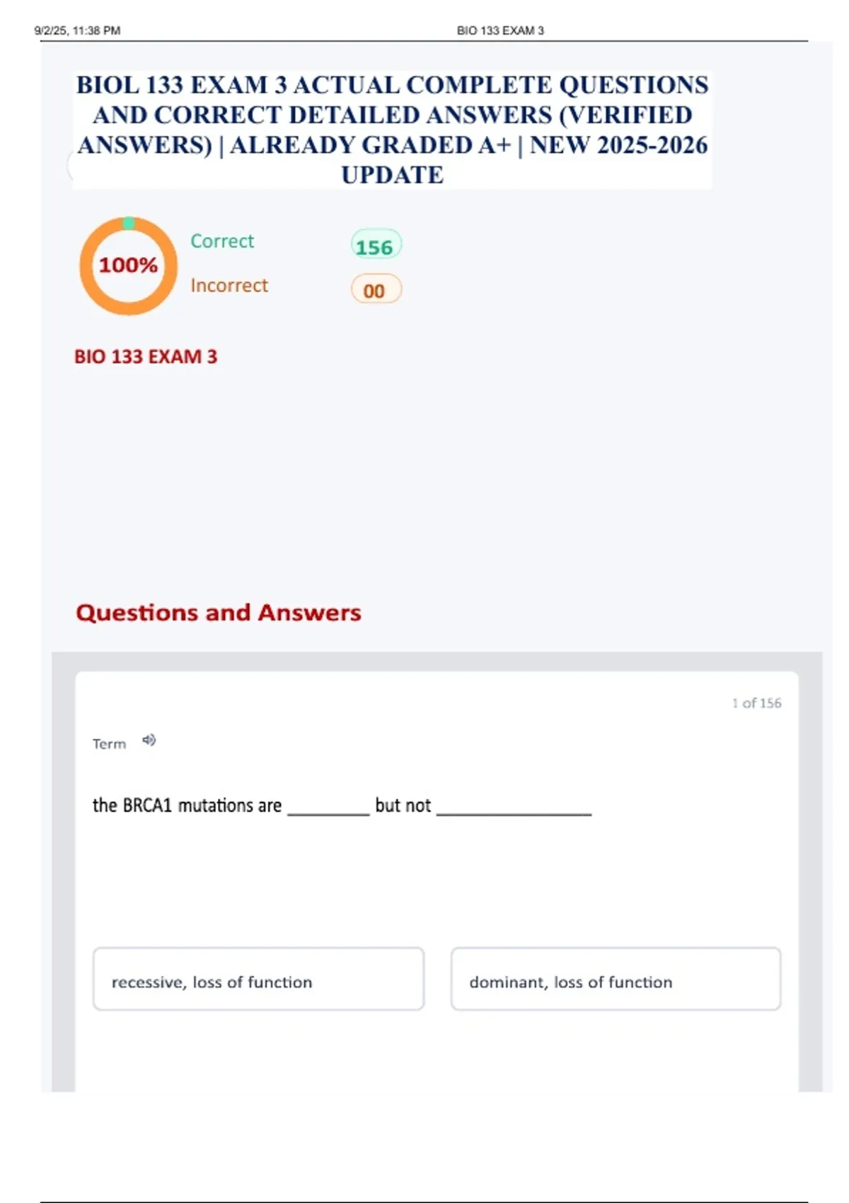 BIOL 133 EXAM 3 ACTUAL COMPLETE QUESTIONS AND CORRECT DETAILED ANSWERS ...
