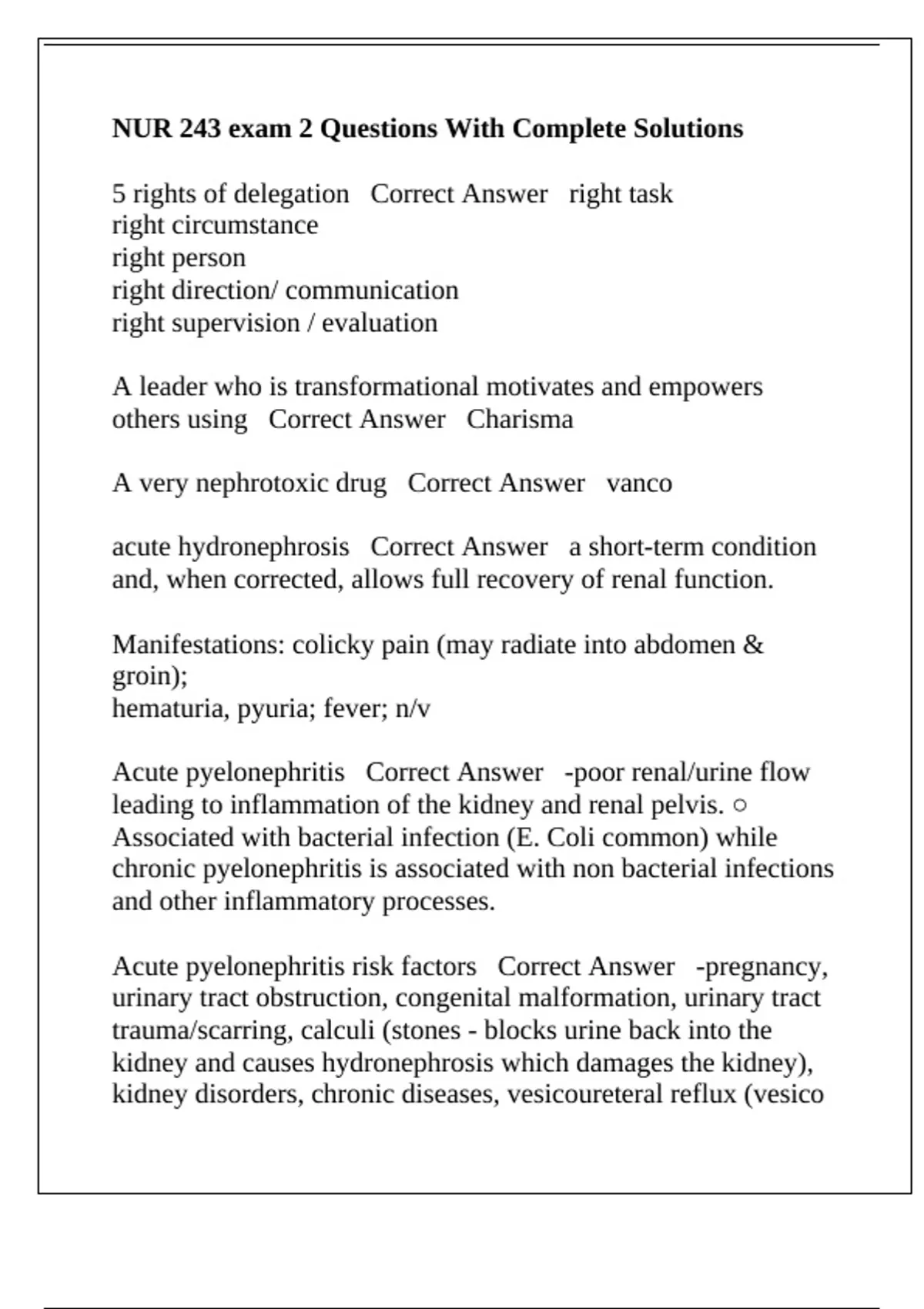 NUR 243 exam 2 Questions With Complete Solutions - NUR 243 - Stuvia US
