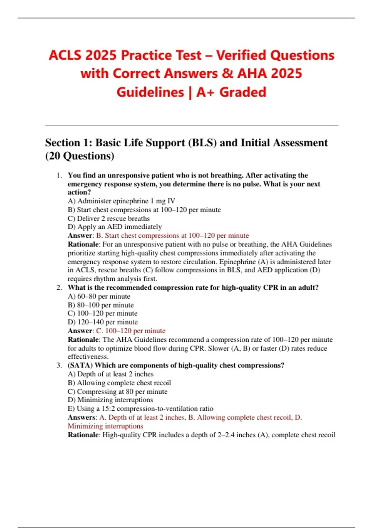 ACLS 2025 Practice Test – Verified Questions with Correct Answers & AHA ...