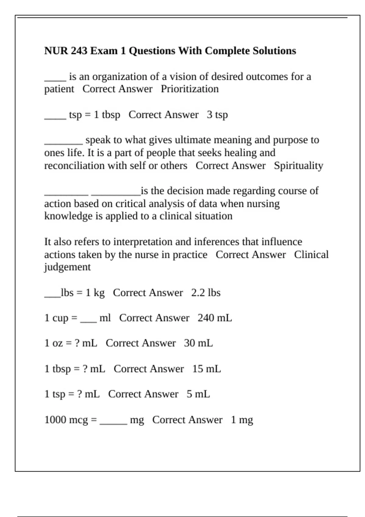 NUR 243 Exam 1 Questions With Complete Solutions - NUR 243 - Stuvia US
