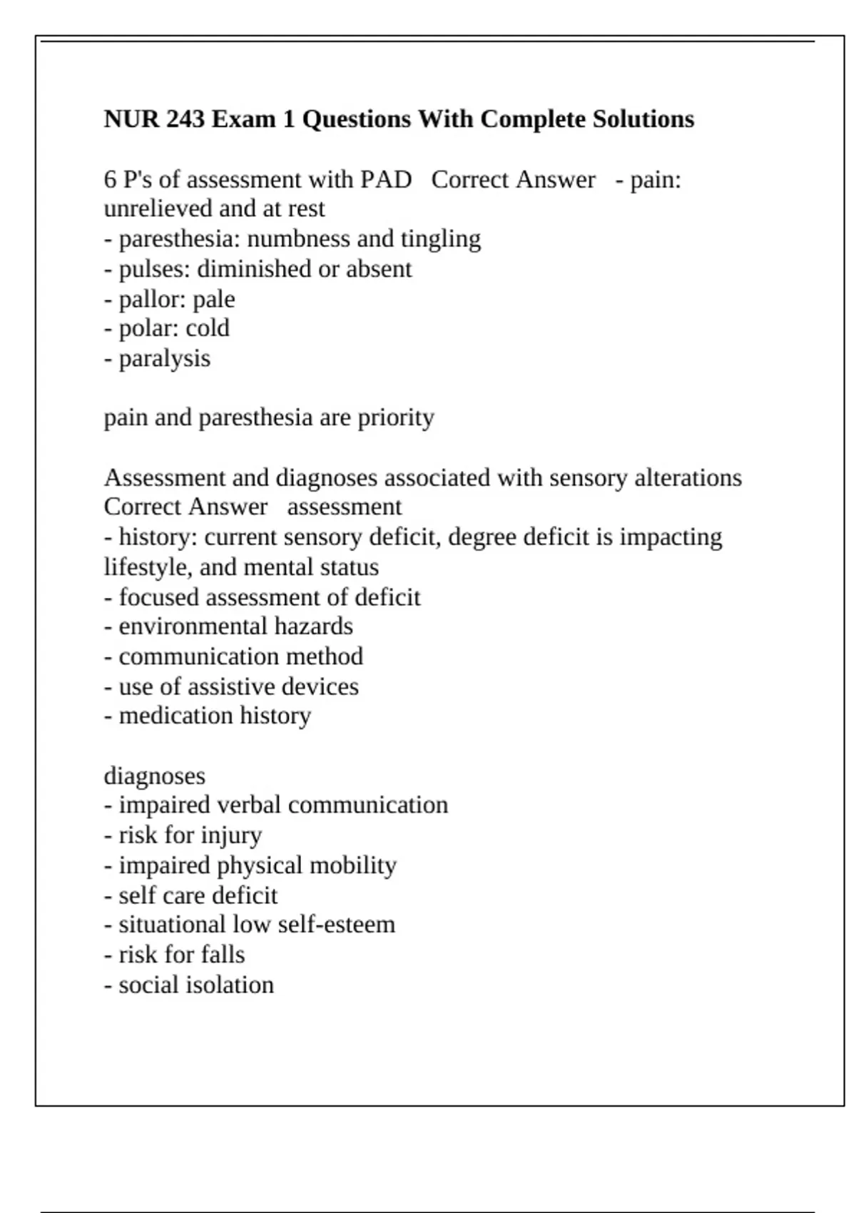 NUR 243 Exam 1 Questions With Complete Solutions - NUR 243 - Stuvia US