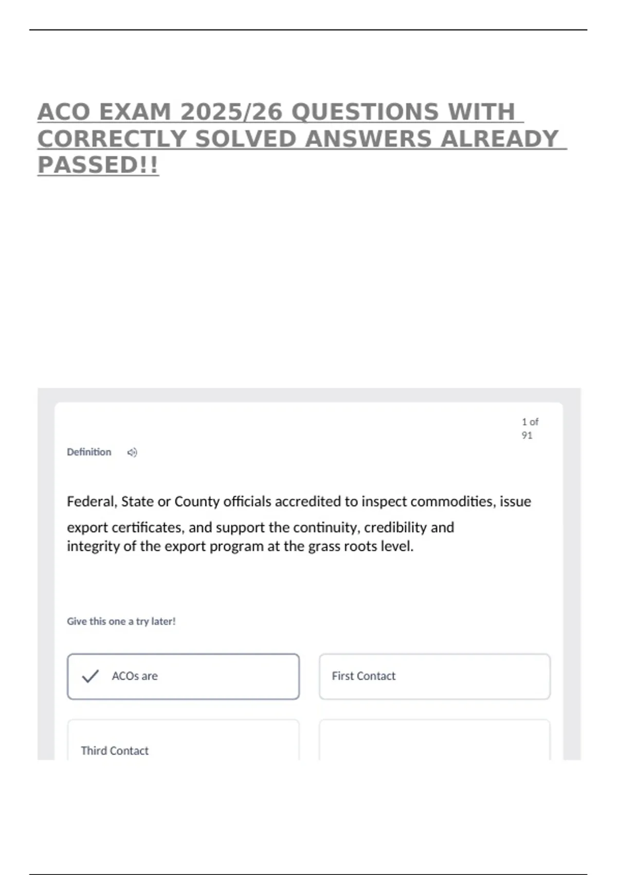 ACO EXAM 2025/26 QUESTIONS WITH CORRECTLY SOLVED ANSWERS ALREADY PASSED ...