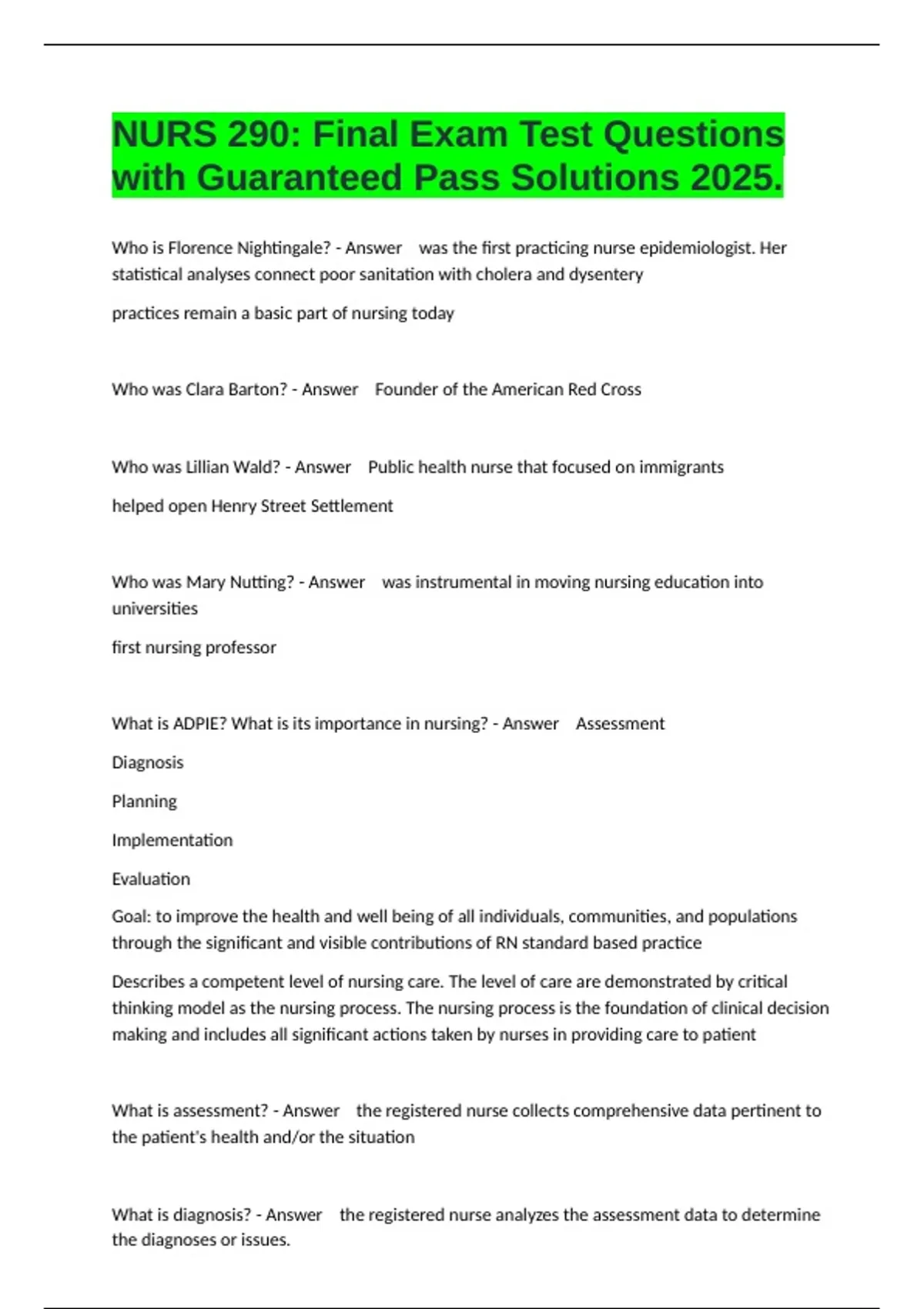 NURS 290: Final Exam Test Questions with Guaranteed Pass Solutions 2025 ...