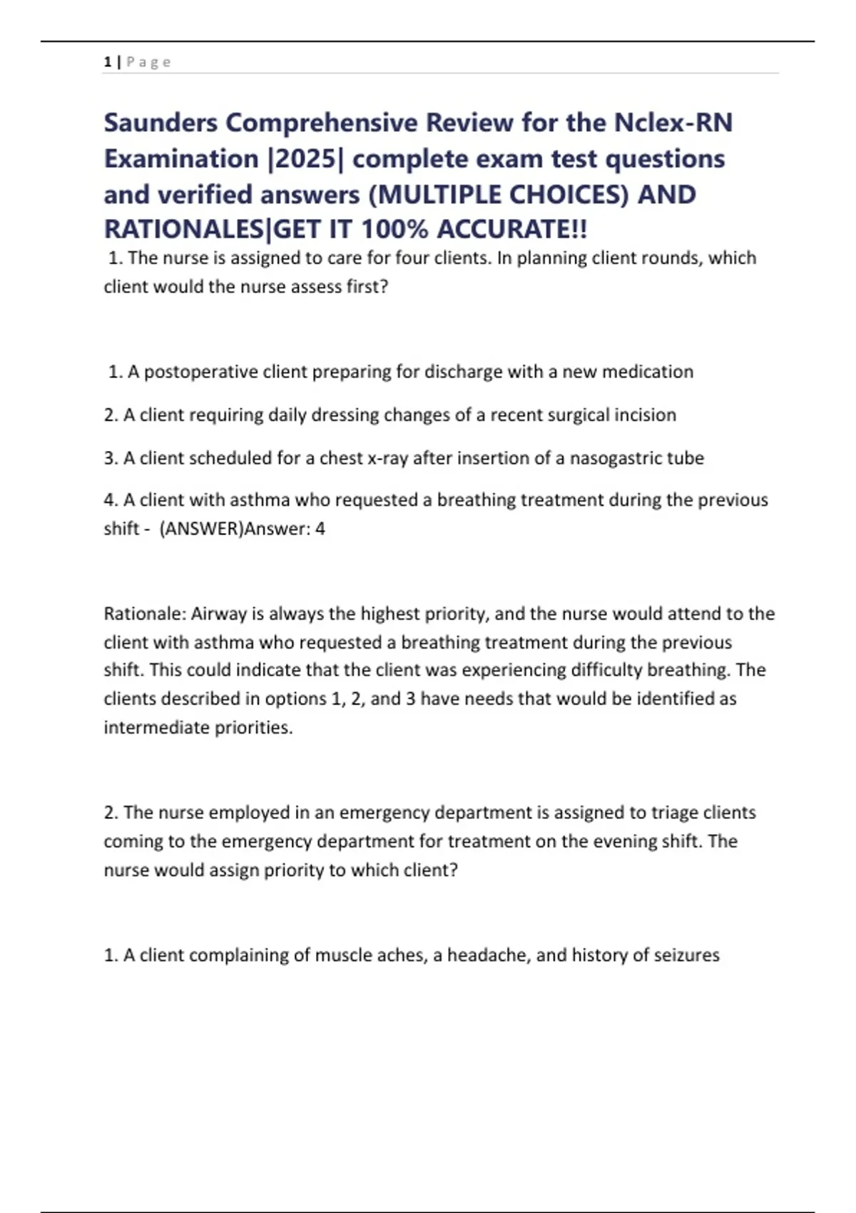 Saunders Sample Question Saunders Comprehensive Review for the Nclex-RN Examination |2025 ...