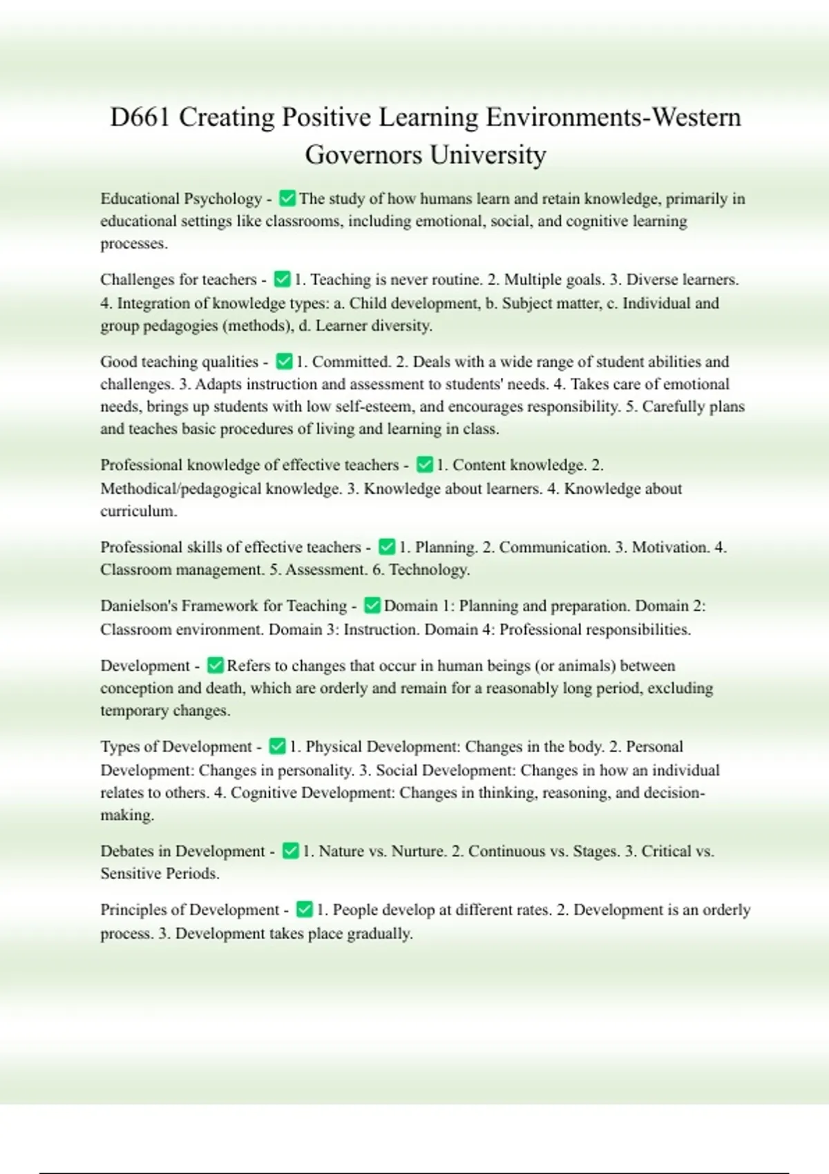 Summary D661 Creating Positive Learning Environments-Western Governors ...
