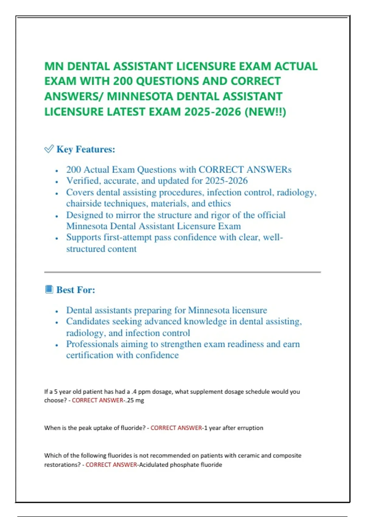 MN DENTAL ASSISTANT LICENSURE EXAM ACTUAL EXAM WITH 200 QUESTIONS AND ...