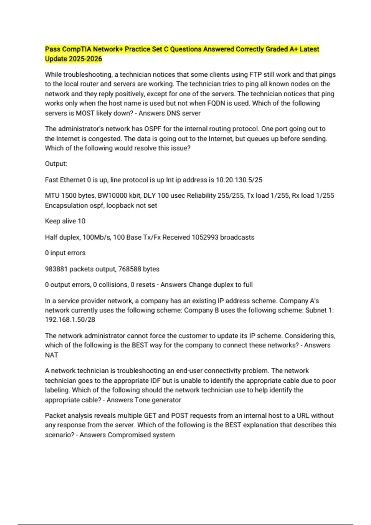 Pass CompTIA Network+ Practice Set C Questions Answered Correctly ...