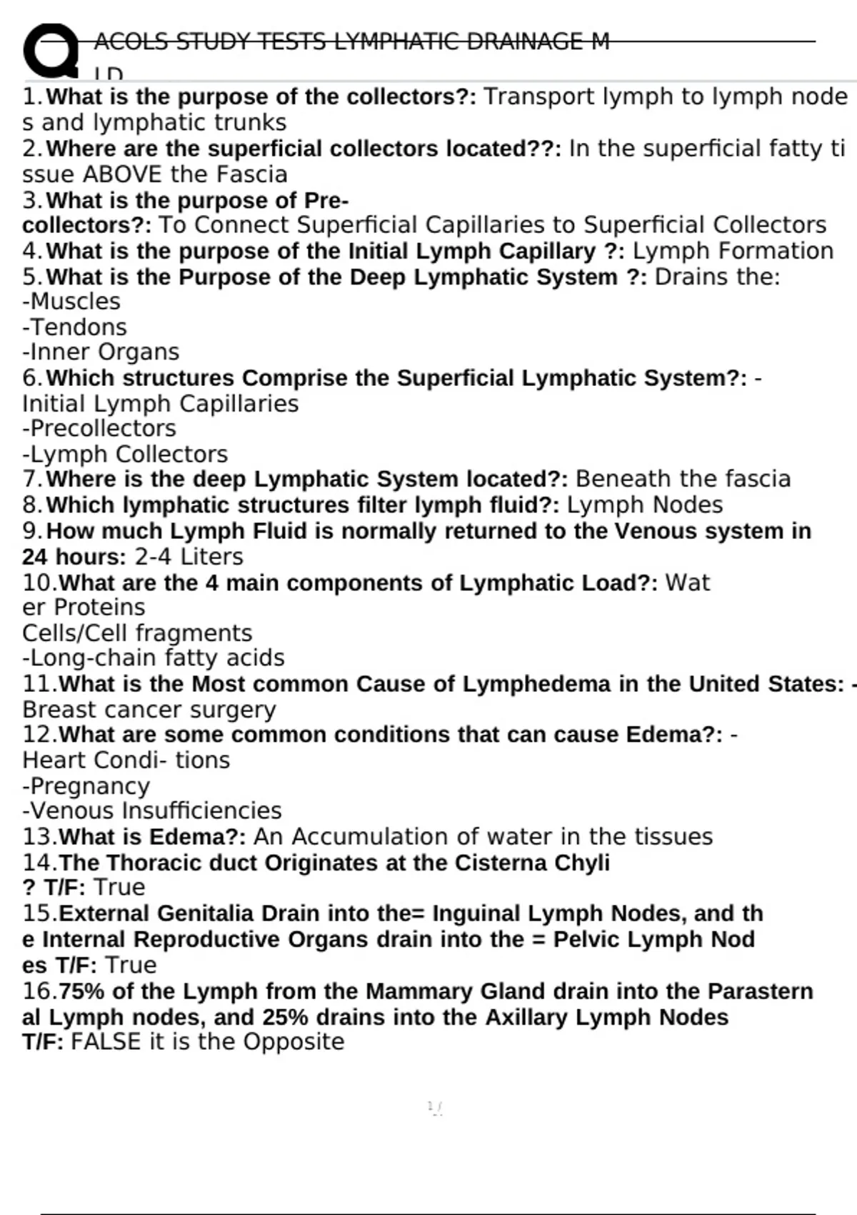 ACOLS STUDY TESTS LYMPHATIC DRAINAGE MLD - ACOLS MLD TRAINING - Stuvia US
