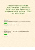 ACI Concrete Field-Testing Technician Grade I Certification Exams &lpar;Latest 2025 &sol; 2026 Updates STUDY BUNDLE PACKAGE WITH SOLUTIONS&rpar; Questions & Answers &vert; Grade A &vert; 100&percnt; Correct &lpar;Verified Answers&rpar;