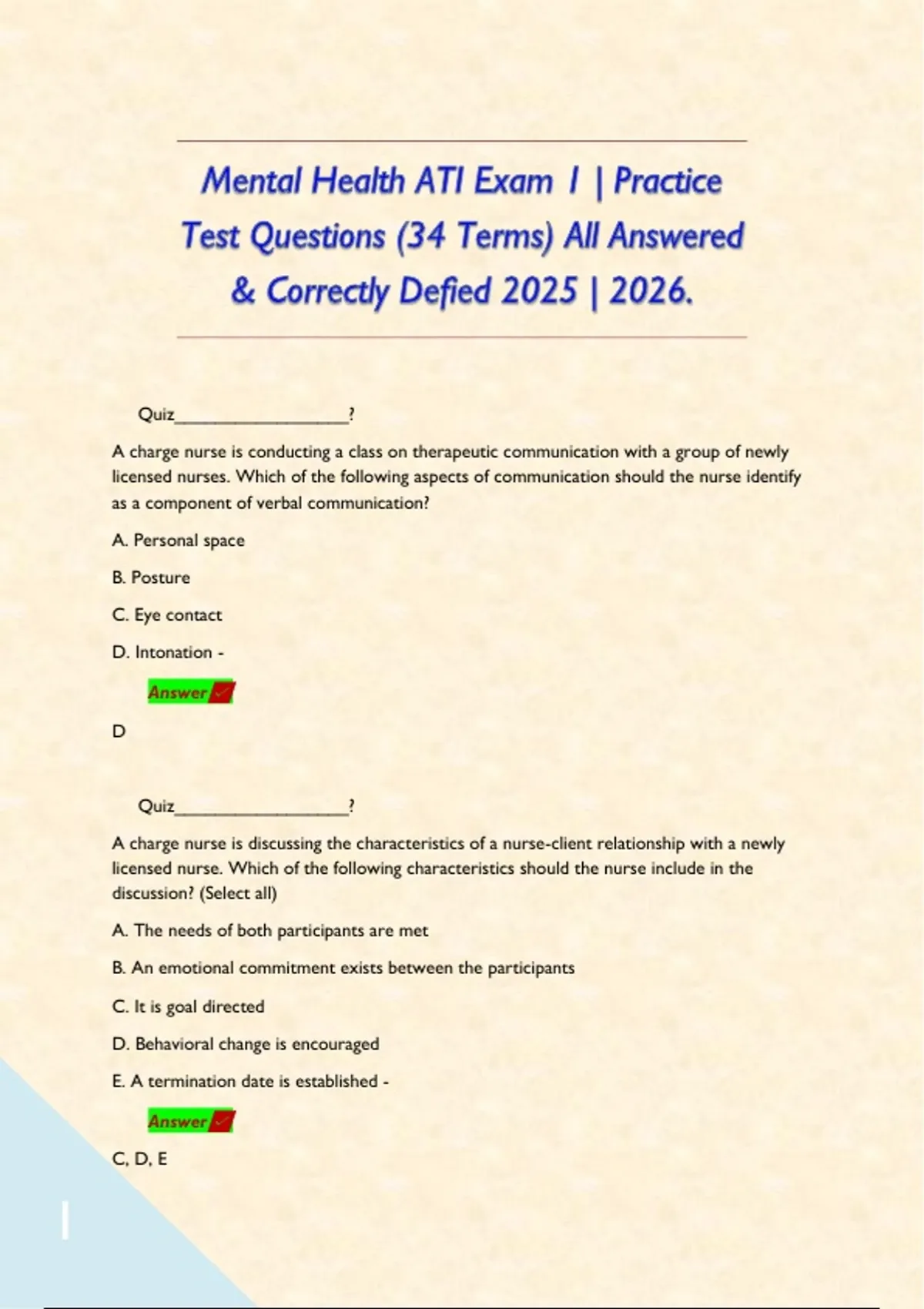 Mental Health ATI Exam 1 | Practice Test Questions (34 Terms) All ...