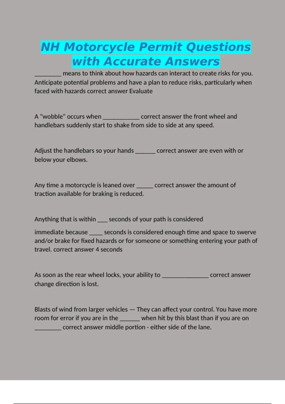 NH Motorcycle Permit Questions with Accurate Answers - Motorcycle ...