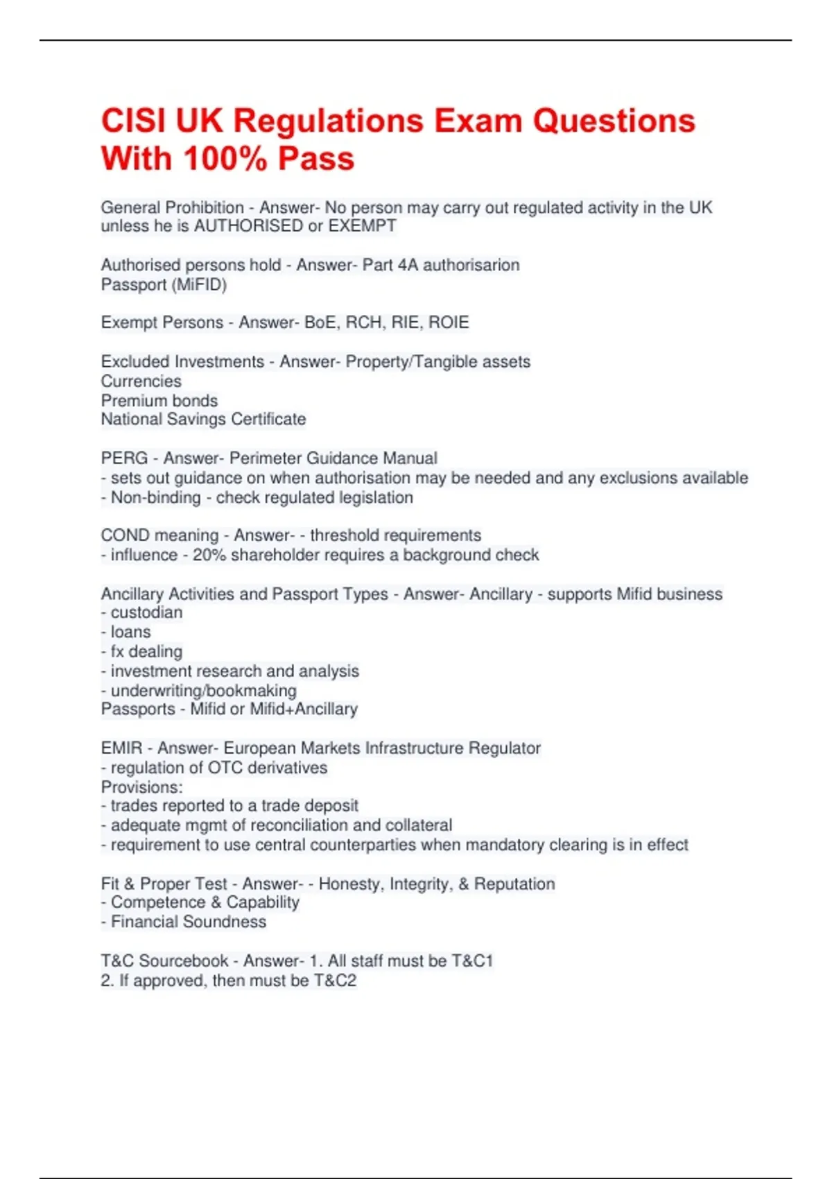 CISI UK Regulations Exam Questions With 100% Pass - CISI UK Regulations ...