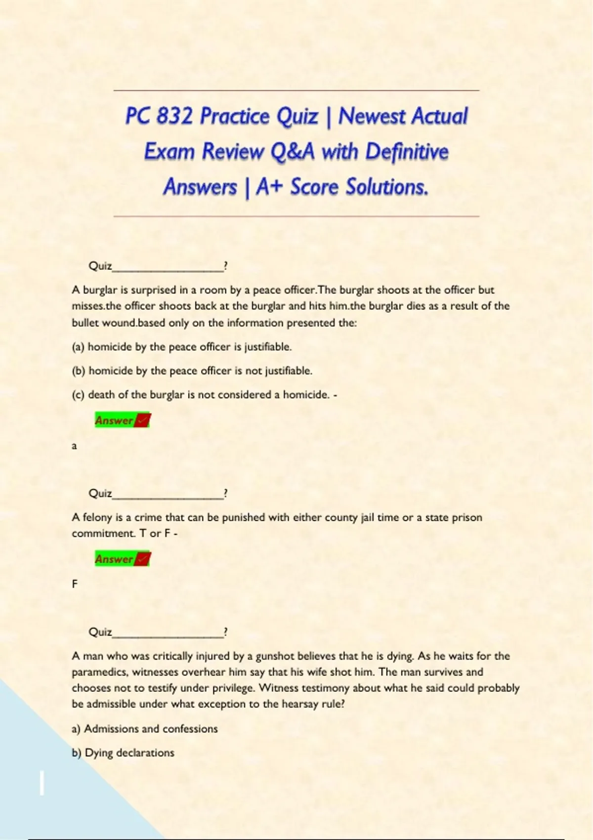 PC 832 Practice Quiz | Newest Actual Exam Review Q&A with Definitive ...