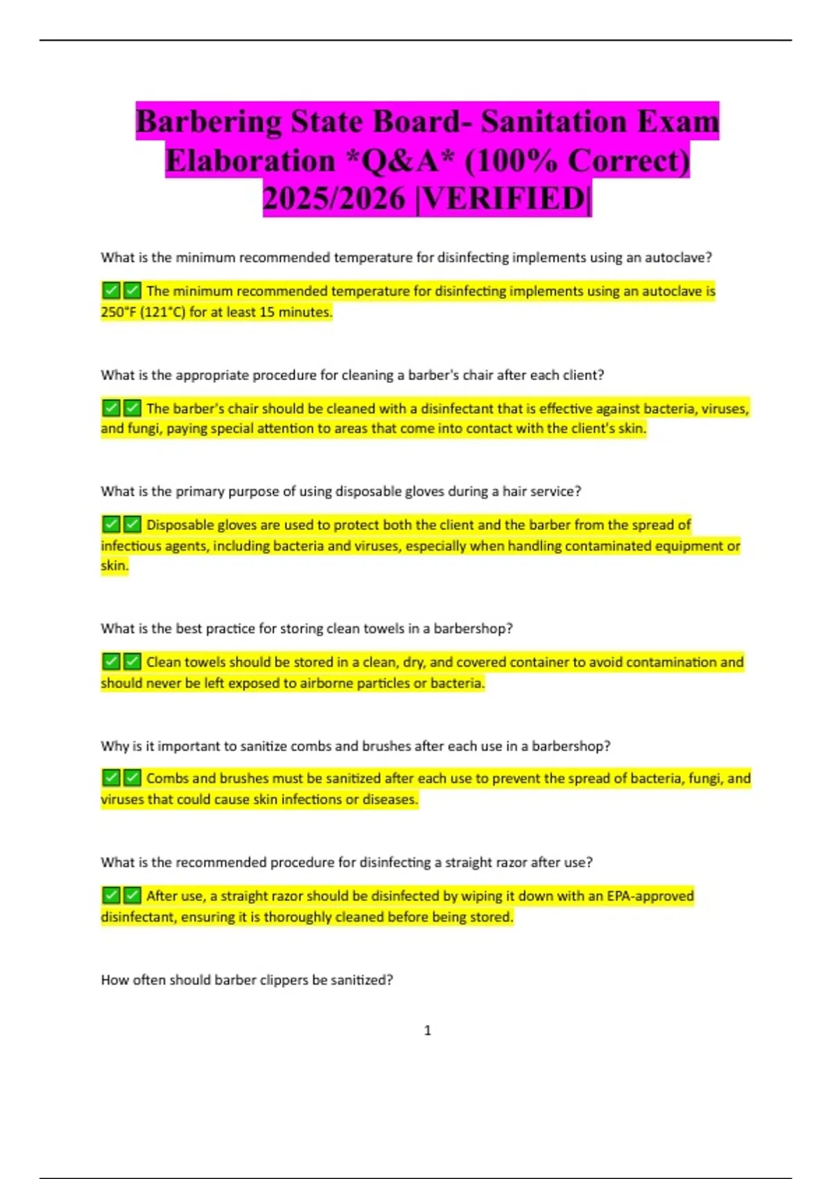 Barbering State Board- Sanitation Exam Elaboration *Q&A* (100% Correct ...