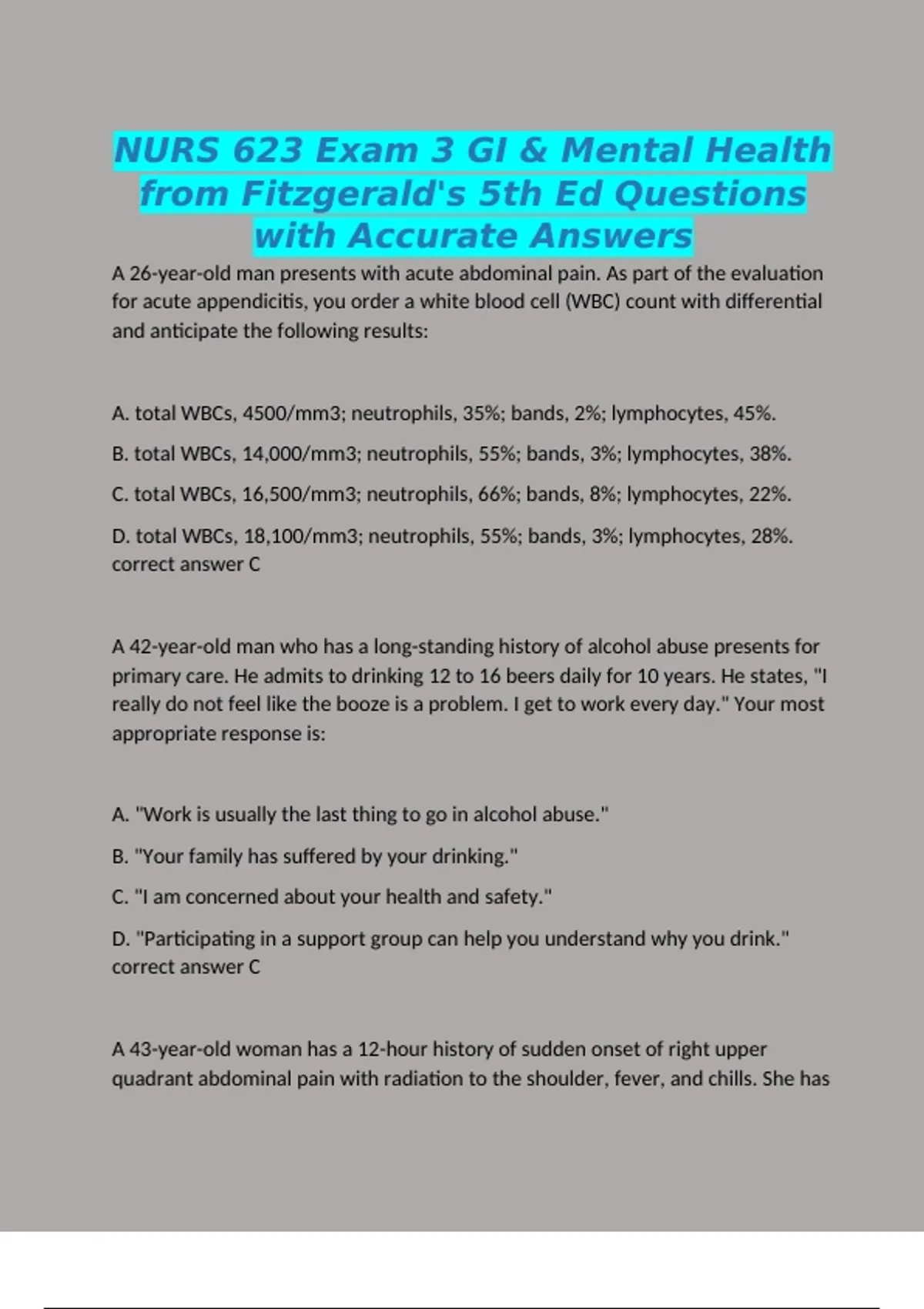 NURS 623 Exam 3 GI & Mental Health from Fitzgerald's 5th Ed Questions ...