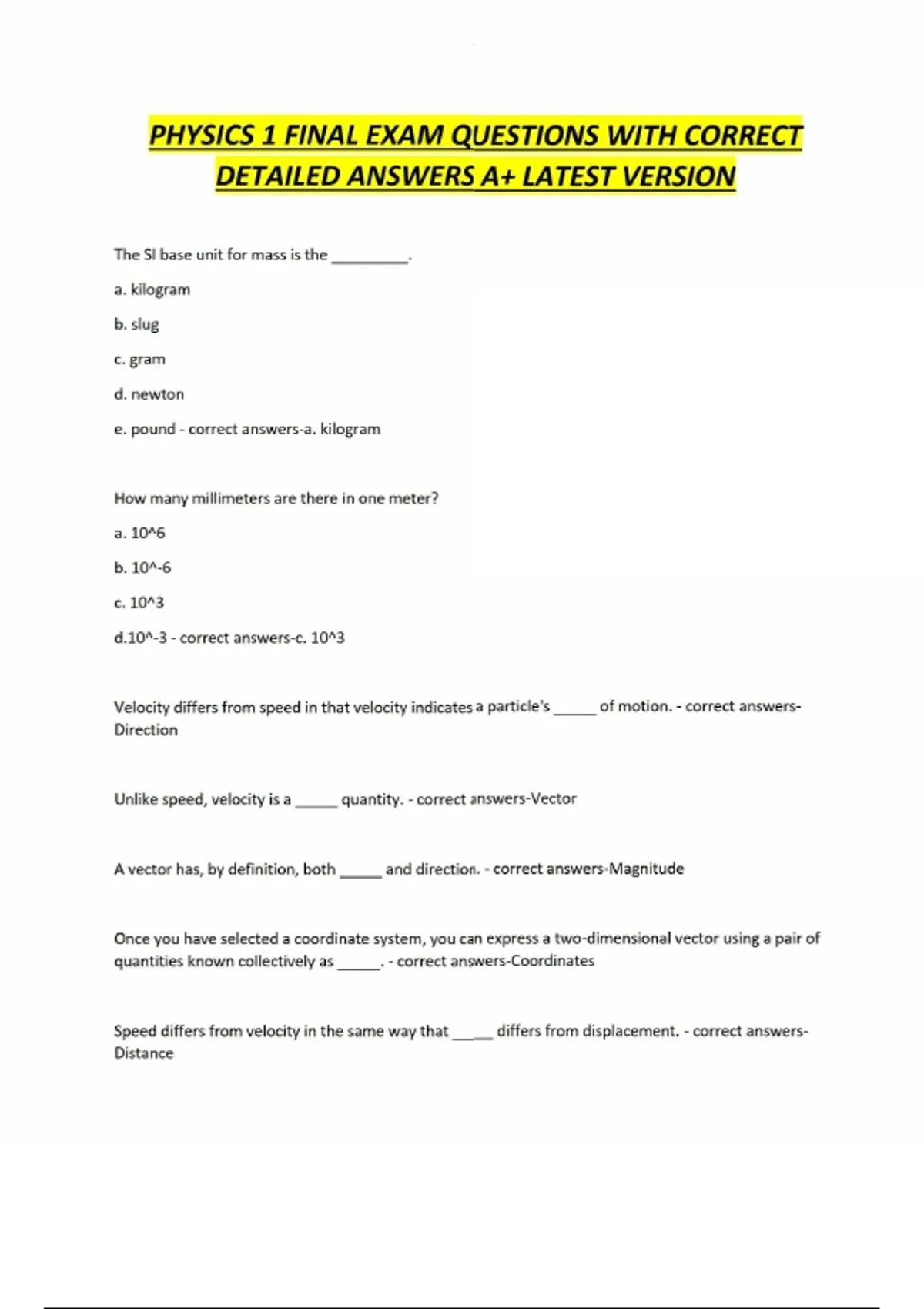 PHYSICS 1 FINAL EXAM QUESTIONS WITH CORRECT DETAILED ANSWERS A+ LATEST ...